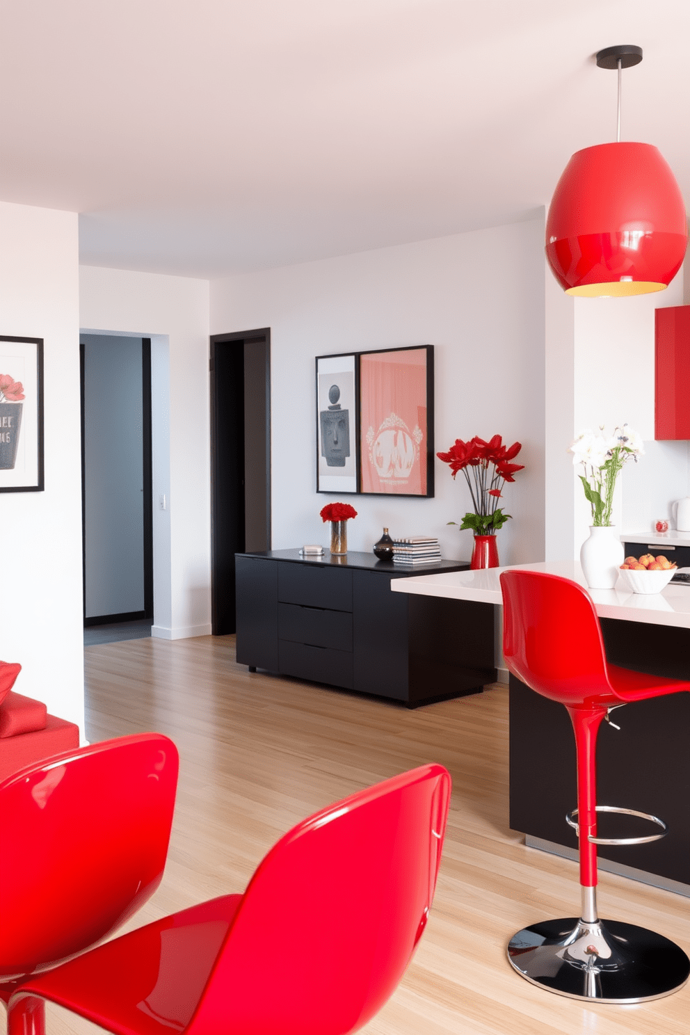 Stylish red bar stools for kitchen island. The stools have a sleek modern design with a high gloss finish and comfortable cushioning. Red apartment design ideas. The living space features bold red accents through furniture and decor, creating a vibrant and inviting atmosphere.