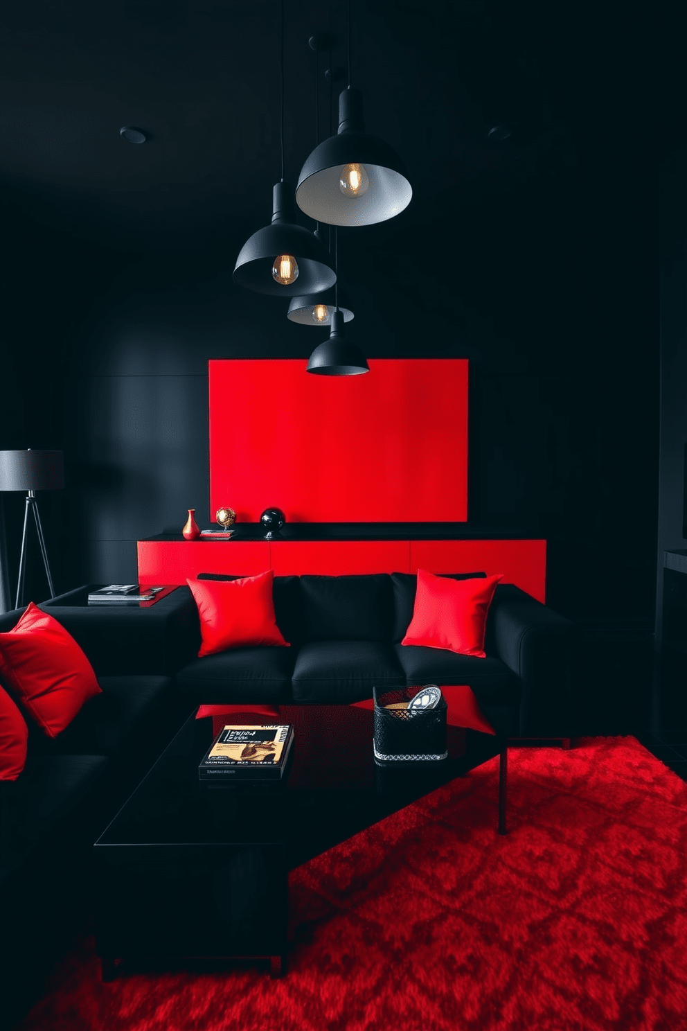 A striking living room featuring bold red accents against a sleek black backdrop. The space includes a plush black sofa adorned with vibrant red throw pillows and a modern coffee table with a glossy black finish. On the walls, a deep red feature wall contrasts beautifully with the surrounding black decor. The room is illuminated by stylish black pendant lights, adding a touch of elegance to the striking color scheme.