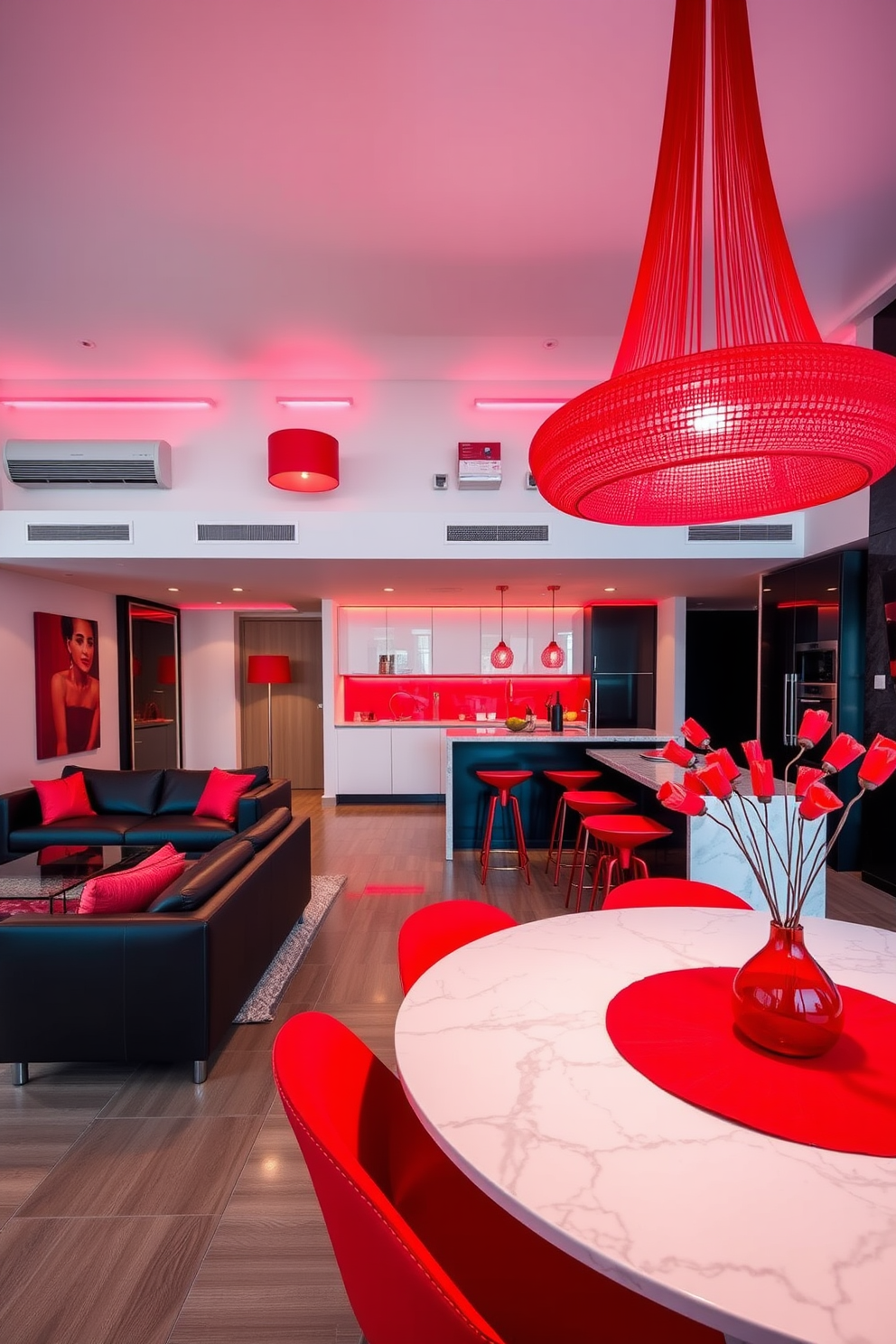 A modern apartment filled with vibrant red lighting fixtures that create a dramatic ambiance. The open living space features a sleek black sofa, a glass coffee table, and bold red accents throughout the decor. The kitchen showcases red pendant lights hanging above a marble island with bar stools. A stylish dining area with a round table is illuminated by a striking red chandelier, enhancing the contemporary design.