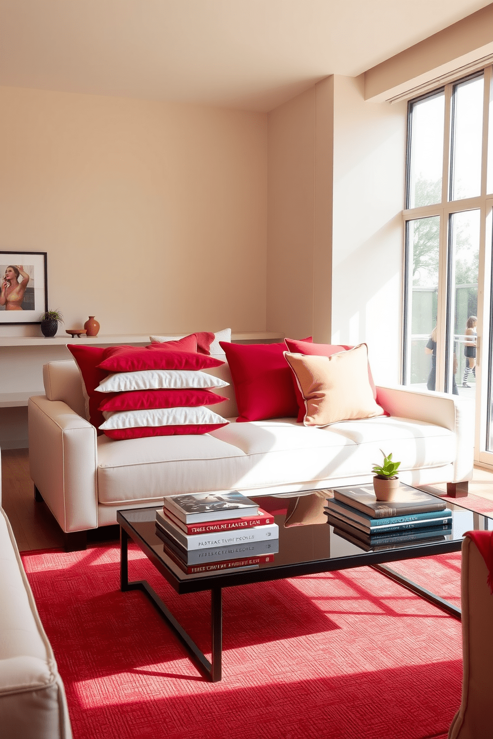 Layered red and white throw pillows adorn a sleek modern sofa in a vibrant living room. The walls are painted in a soft cream, creating a warm contrast with the bold color scheme of the pillows. A stylish coffee table sits in front of the sofa, decorated with a stack of art books and a small potted plant. Large windows allow natural light to flood the space, enhancing the inviting atmosphere of the red apartment design.