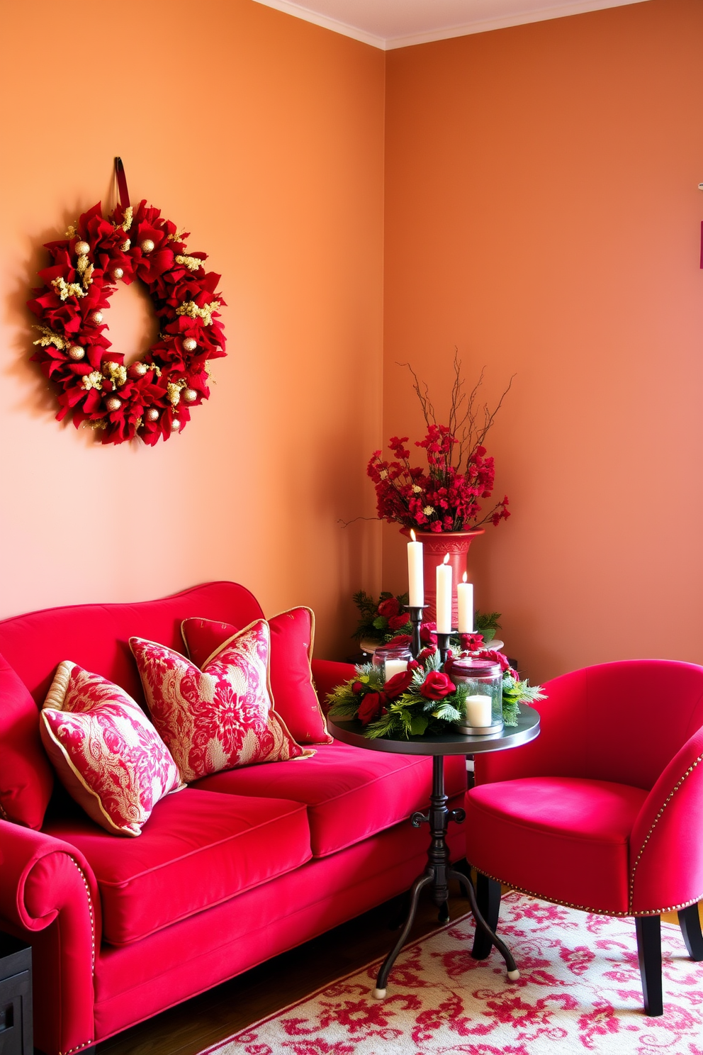 A vibrant living room filled with seasonal decorations featuring various shades of red. The space includes a plush red sofa adorned with festive throw pillows and a decorative red and gold wreath hanging on the wall. In the corner, a stylish red accent chair complements a small round table topped with a seasonal centerpiece of red flowers and candles. The walls are painted in a warm neutral tone, creating a cozy atmosphere that highlights the red accents throughout the room.