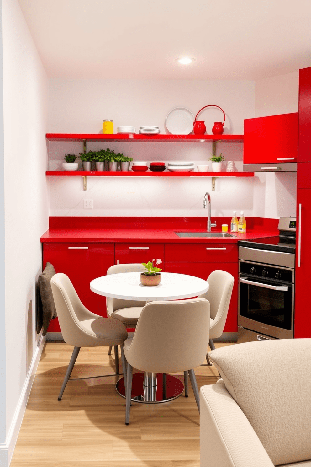 Bright red kitchen cabinets create a vibrant focal point in a modern apartment. The space features sleek stainless steel appliances and a white marble backsplash that complements the bold cabinetry. Open shelving displays colorful dishware and potted herbs, adding a touch of personality. A cozy breakfast nook with a round table and upholstered chairs invites casual dining and social gatherings.