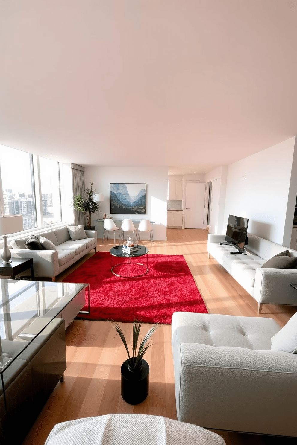 A vibrant red area rug anchors the living room, adding warmth and a pop of color to the neutral palette. The rug contrasts beautifully with the light hardwood floors and complements the modern furniture pieces arranged around it. The apartment features an open-concept layout with large windows that allow natural light to flood in. Sleek furniture with clean lines and a mix of textures create a cozy yet sophisticated atmosphere.