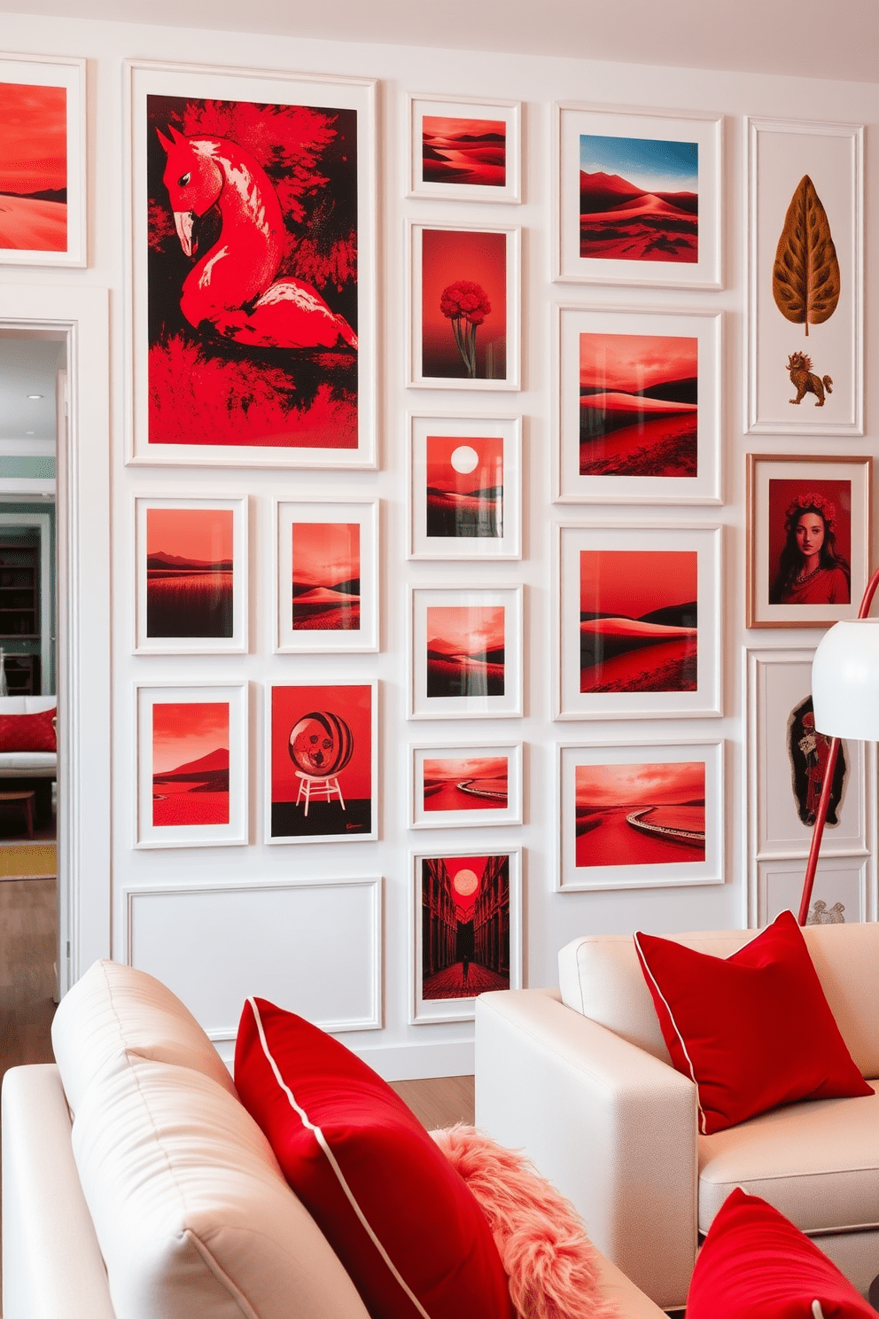 A gallery wall showcases an array of red-themed artwork, featuring bold abstracts and vibrant landscapes that draw the eye. The wall is framed by sleek white trim, enhancing the vivid colors and creating a striking focal point in the room. The red apartment design incorporates modern furniture with clean lines and plush textures, creating a cozy yet sophisticated atmosphere. Rich red accents are woven throughout the space, from decorative pillows to statement lighting, adding warmth and personality.