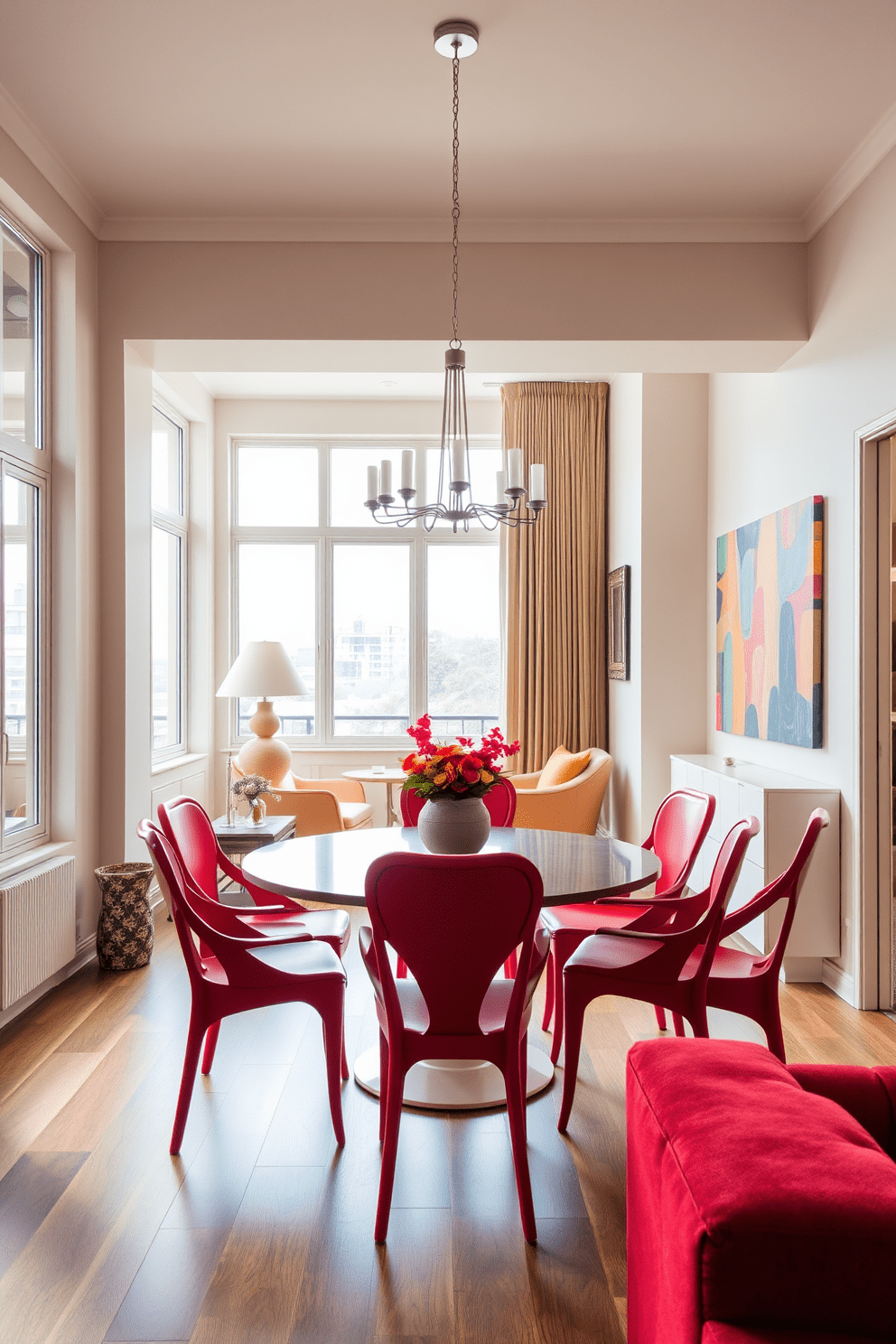 A vibrant dining area featuring red dining chairs that add a striking pop of color to the space. The walls are adorned with soft neutral tones, and a large round table sits at the center, surrounded by the eye-catching red chairs. Large windows allow natural light to flood the room, enhancing the warm ambiance. Decorative elements such as a modern chandelier and colorful artwork complete the inviting atmosphere of this stylish apartment design.