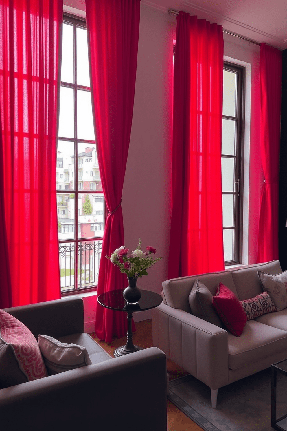 A stylish apartment featuring vibrant red curtains elegantly framing large windows. The interior design incorporates modern furniture with a mix of textures and bold colors to create a cozy yet sophisticated atmosphere.