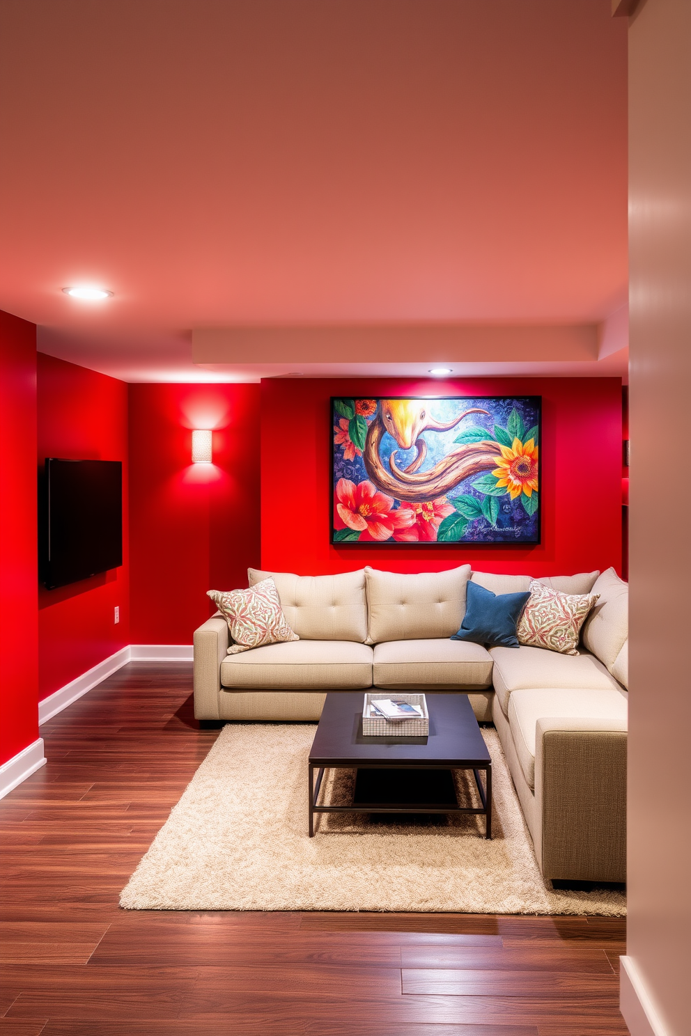 A striking basement design featuring bold red accent walls that create a dramatic atmosphere. The space includes a plush sectional sofa in neutral tones, paired with a sleek coffee table and vibrant artwork that complements the red hues. The flooring is a rich dark wood that adds warmth to the room. Soft lighting fixtures are strategically placed to enhance the cozy ambiance, making it an inviting retreat for relaxation and entertainment.