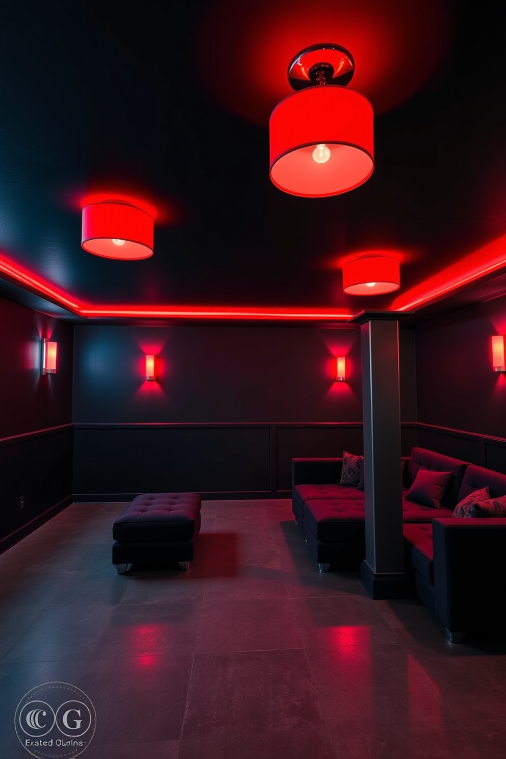 A striking basement design featuring red lighting fixtures that create a warm and inviting atmosphere. The walls are painted in a deep charcoal color, complementing the rich hues of the red accents throughout the space. The flooring is a polished concrete with a matte finish, providing a modern touch. Plush seating arrangements are strategically placed to encourage relaxation and conversation, enhanced by the ambient glow of the red lights.