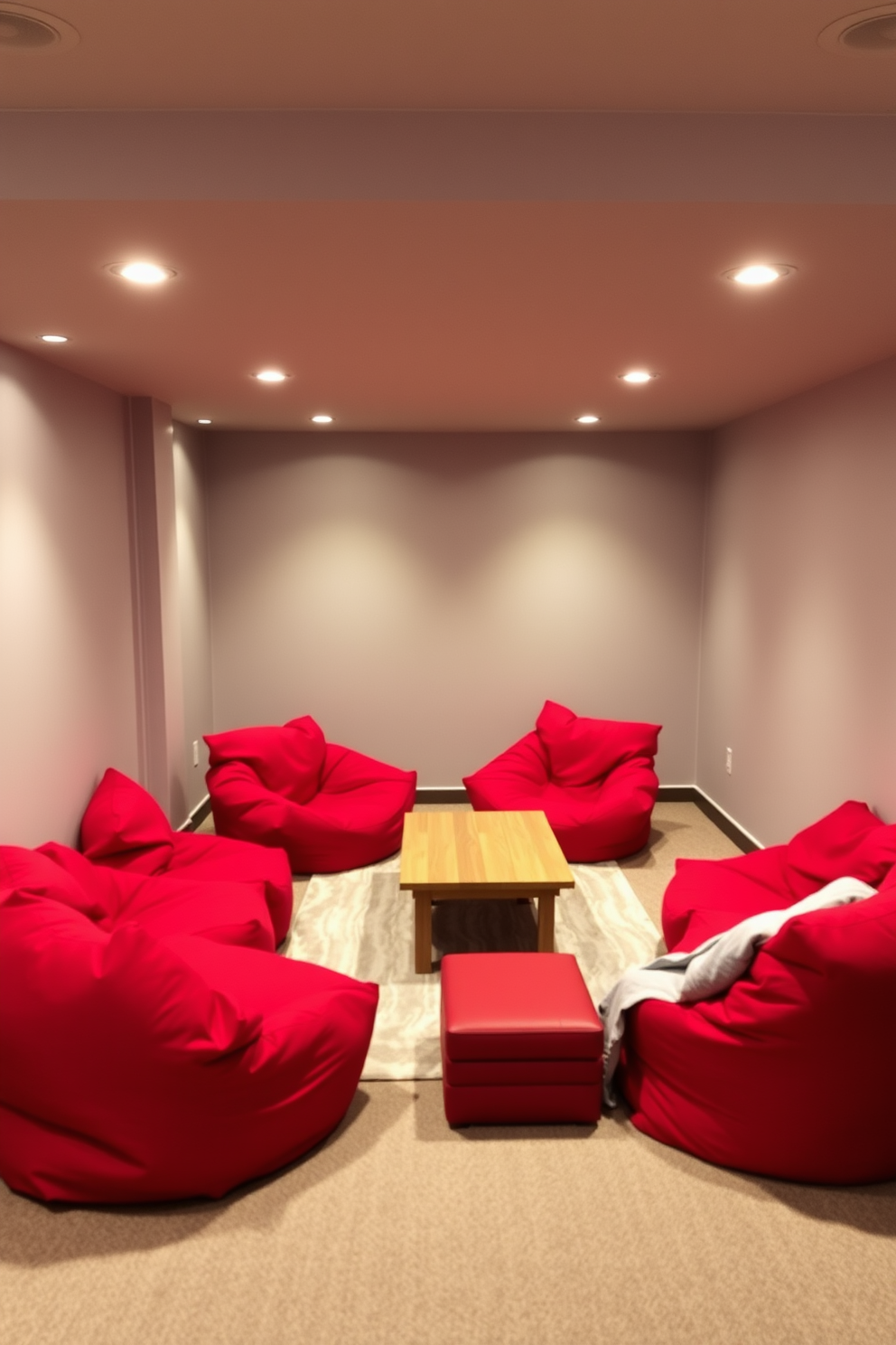 A cozy basement lounge area featuring vibrant red bean bags arranged around a low wooden coffee table. The walls are painted in a soft gray tone, enhancing the inviting atmosphere of the space. The lighting is warm and subtle, with recessed lights illuminating the room. A plush area rug in neutral colors anchors the seating arrangement, creating a comfortable and stylish environment.