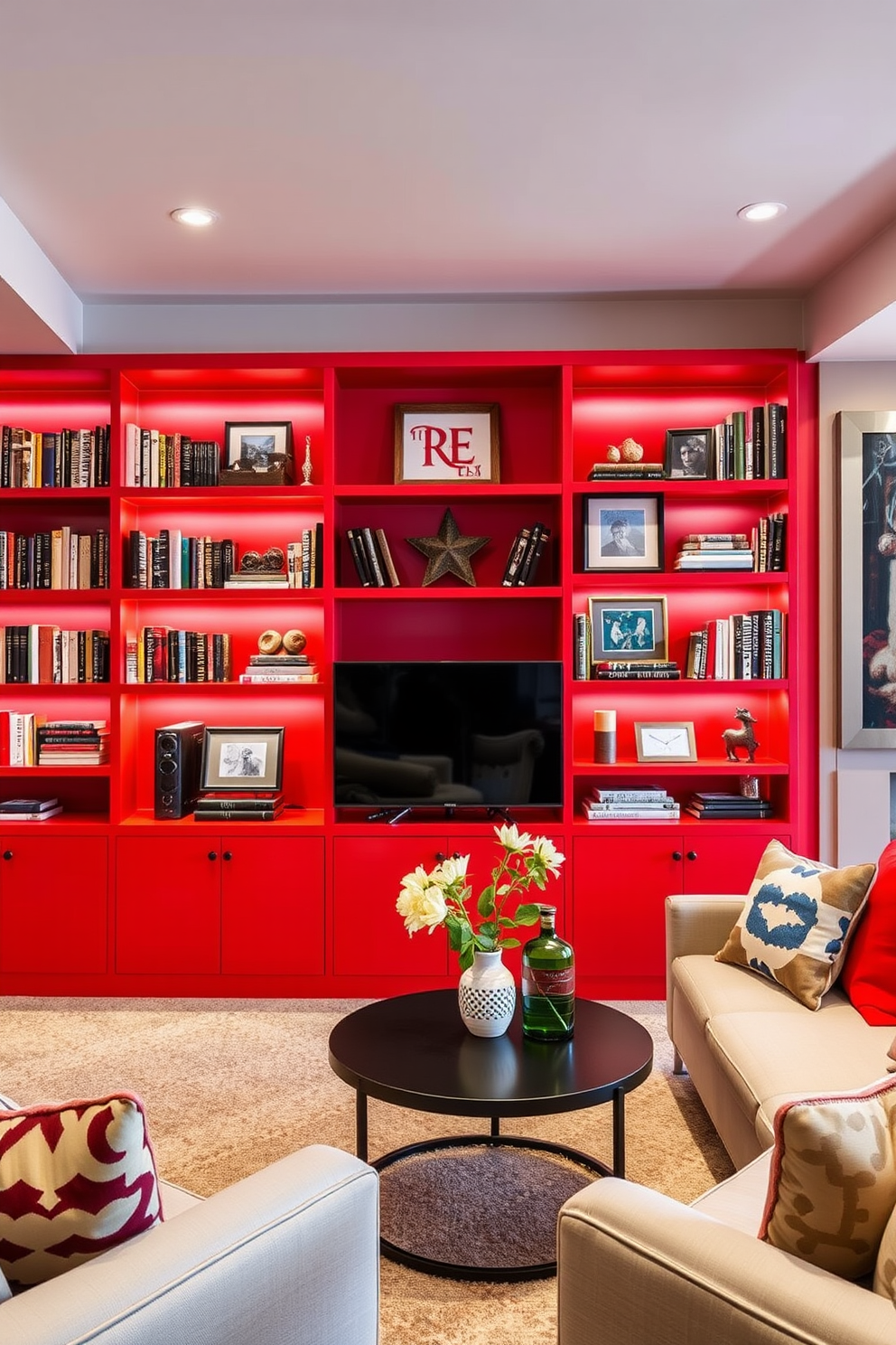 A striking room features bold red bookshelves that create a vibrant display. The shelves are filled with an eclectic mix of books and decorative items, adding personality to the space. The basement design embraces a cozy yet modern aesthetic. Soft lighting illuminates the area, highlighting comfortable seating and stylish decor that invites relaxation.