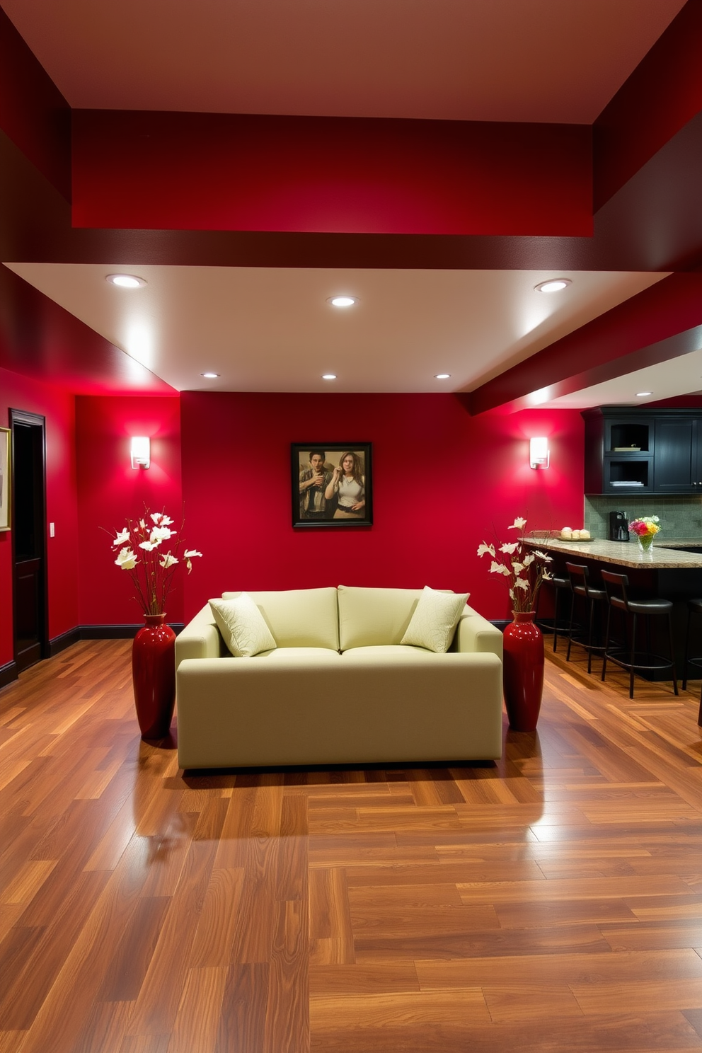 A stylish basement with deep red walls creates a warm and inviting atmosphere. In the center, a plush sectional sofa is accented by red decorative vases filled with fresh flowers. The flooring features a rich hardwood that complements the vibrant wall color. Soft lighting from modern fixtures enhances the cozy feel, while a sleek bar area adds functionality and elegance.