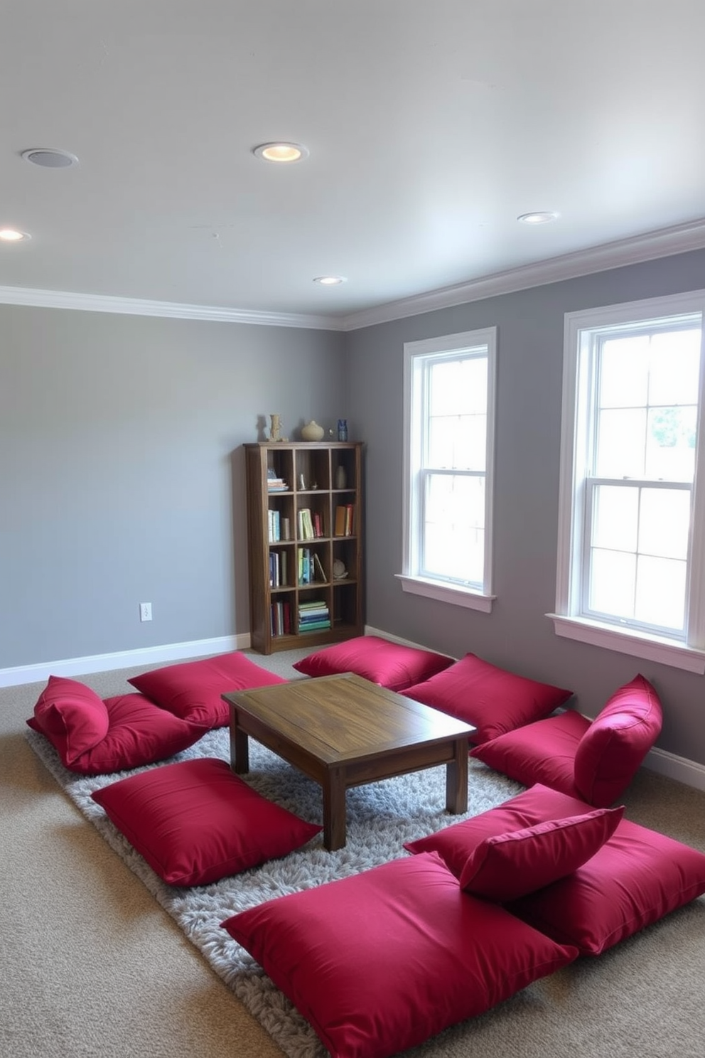 A cozy basement lounge featuring red floor cushions arranged around a low wooden coffee table. The walls are painted in a soft gray, and large windows allow natural light to brighten the space. In one corner, a small bookshelf holds an assortment of books and decorative items. A plush area rug in neutral tones anchors the seating area, creating an inviting atmosphere.