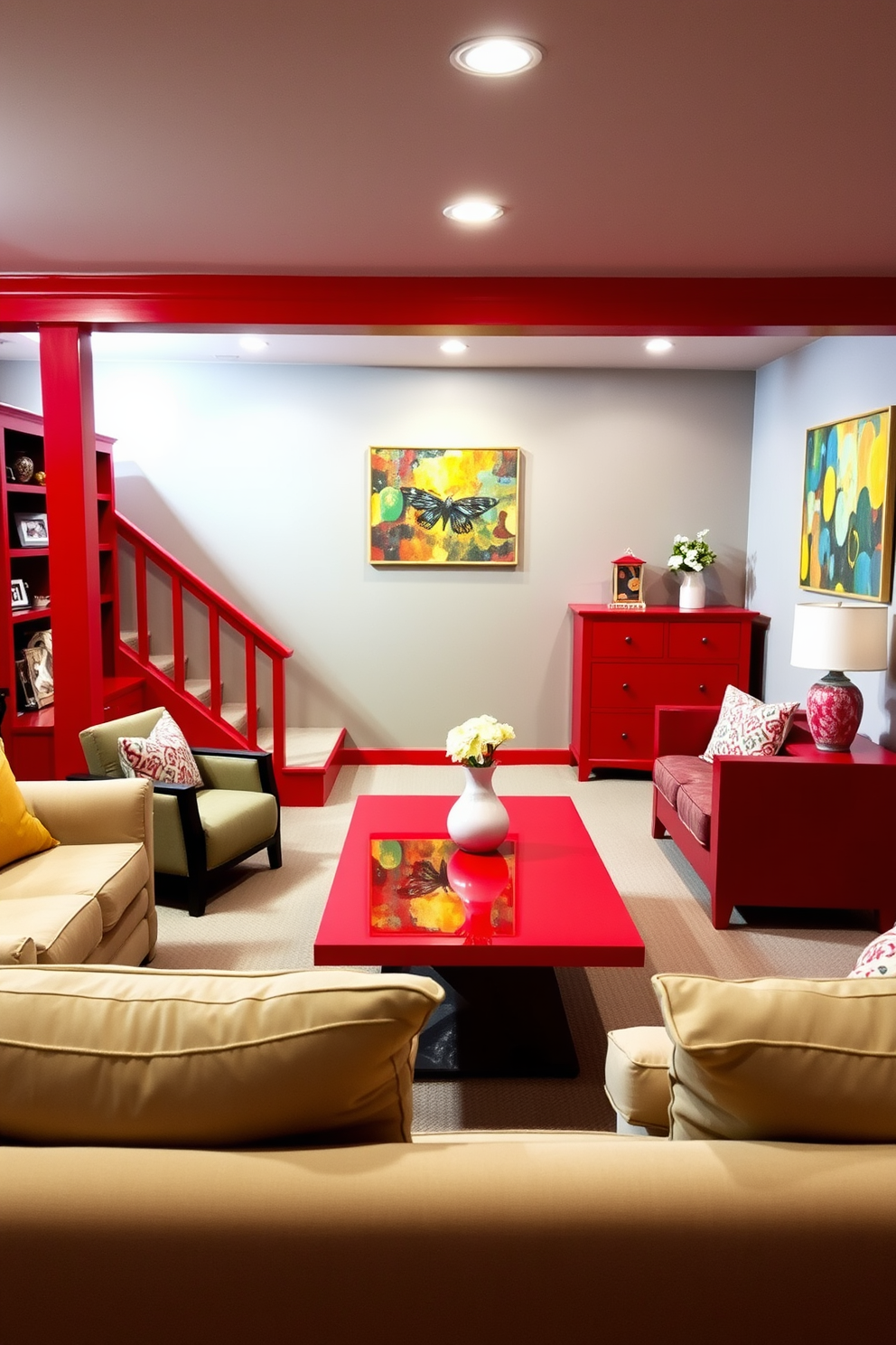 A vibrant basement designed with red painted furniture that creates a striking focal point. The walls are painted in a soft gray to balance the boldness of the red, while plush seating invites relaxation. Incorporate a sleek red coffee table at the center, surrounded by comfortable seating in neutral tones. Accent the space with colorful artwork that complements the red furniture and adds personality to the room.