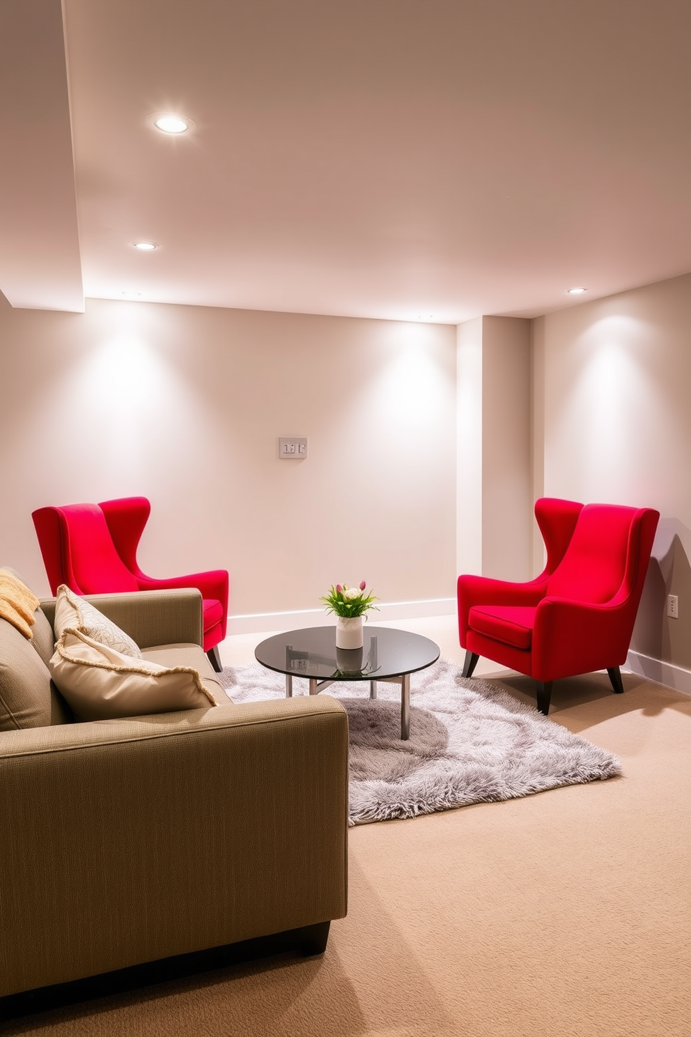 A modern basement design featuring bold red accent chairs that serve as striking focal points. The space is illuminated with soft ambient lighting, creating a cozy atmosphere while showcasing the vibrant color of the chairs. The walls are painted in a neutral shade to enhance the overall brightness of the basement. A plush area rug anchors the seating area, complementing the red chairs and adding warmth to the design.