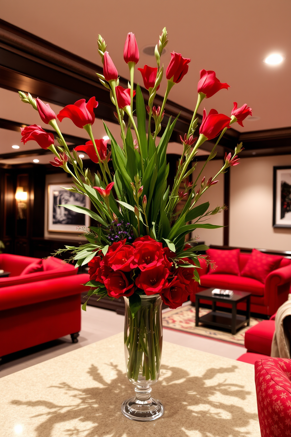 A vibrant red floral arrangement sits elegantly in a classic vase, adding a touch of freshness to the space. The arrangement complements the rich tones of the basement, creating a warm and inviting atmosphere. The basement features a cozy seating area with plush red sofas and soft lighting, perfect for relaxation. Dark wood accents and a stylish area rug enhance the overall design, making the space feel both luxurious and comfortable.