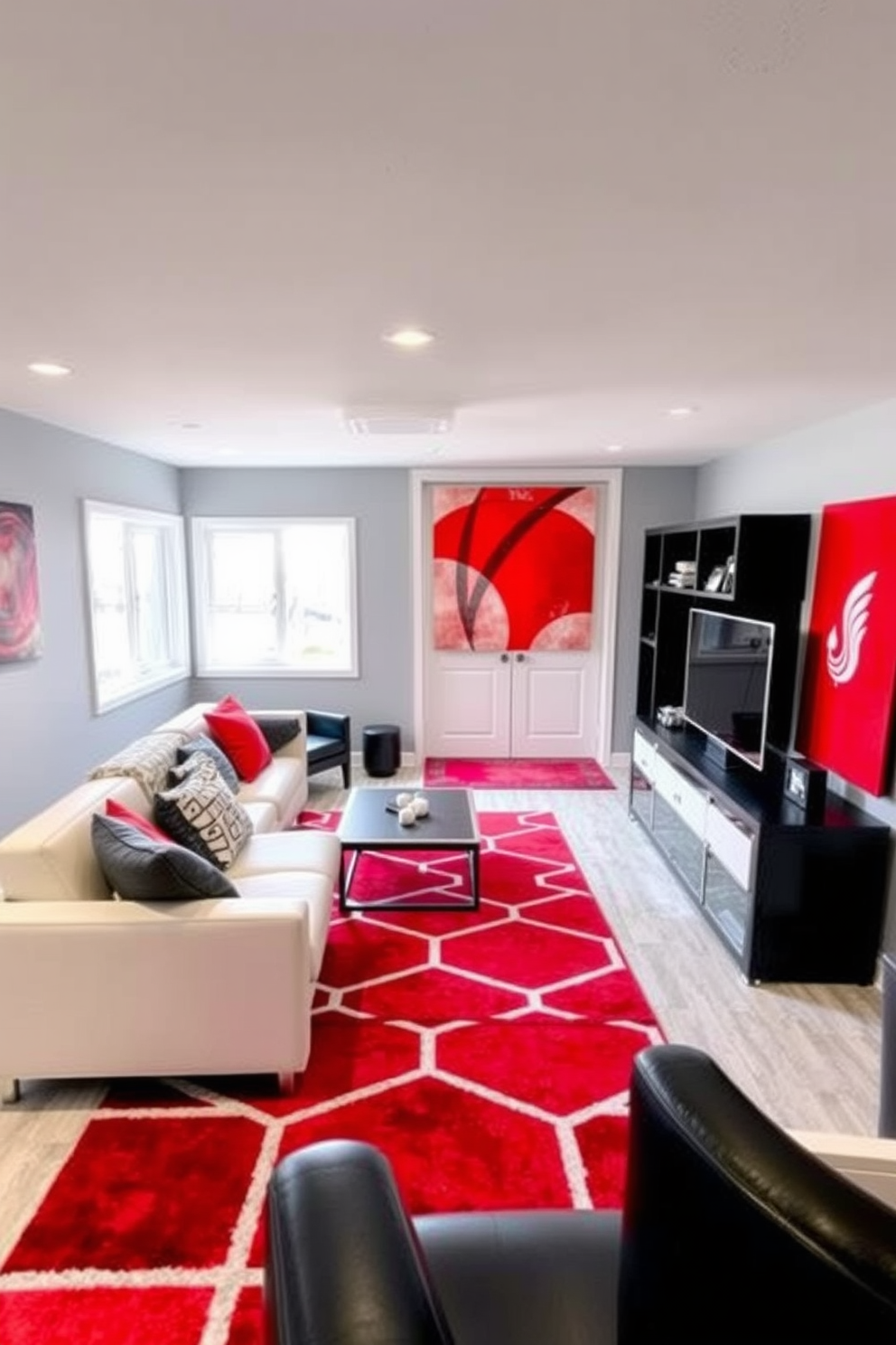 A modern basement designed with red geometric rugs that add a bold splash of color to the space. The walls are painted in a soft gray tone, while sleek furniture pieces in black and white complement the vibrant rugs. The layout features an open concept with a cozy seating area and a stylish entertainment center. Large windows allow natural light to flood the room, enhancing the contemporary feel of the design.