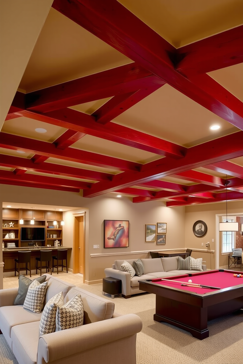 A cozy basement retreat featuring exposed red ceiling beams that add rustic charm. The walls are painted in warm neutral tones, complemented by plush seating and soft lighting for an inviting atmosphere. A stylish entertainment area in the basement with red ceiling beams creating a focal point. The space includes a large sectional sofa, a custom-built bar, and a pool table, making it perfect for gatherings and relaxation.