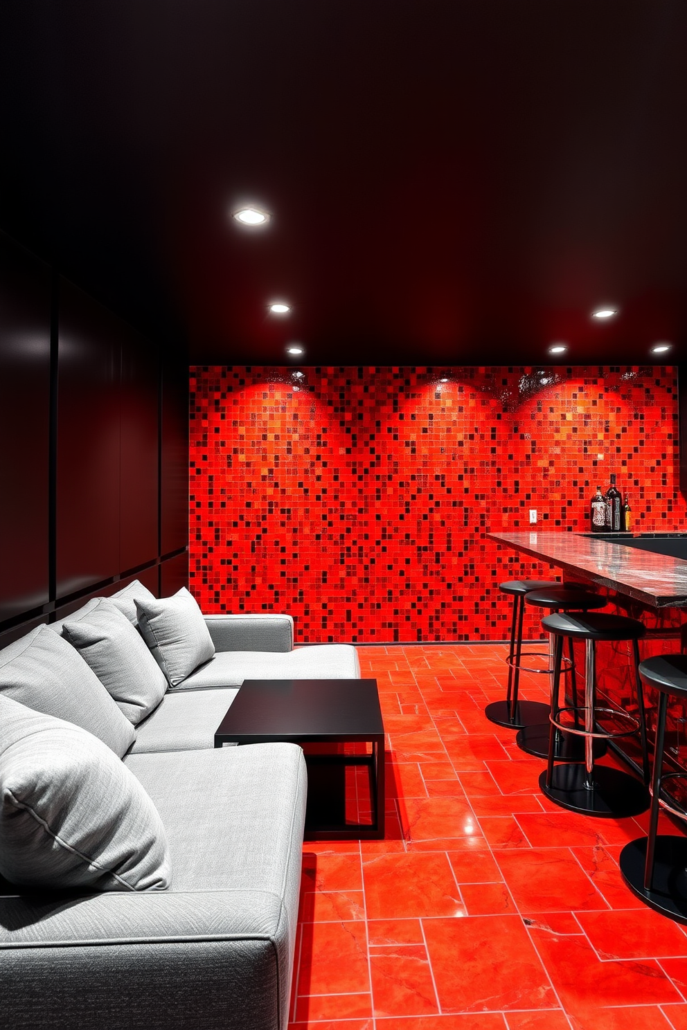 A striking basement space featuring vibrant red mosaic tiles that create a stunning visual impact. The walls are adorned with sleek black paneling, and the lighting is soft and ambient, enhancing the warmth of the red tiles. The area includes a cozy seating arrangement with plush gray sofas and a modern coffee table. A stylish bar with high stools complements the design, making it perfect for entertaining guests.