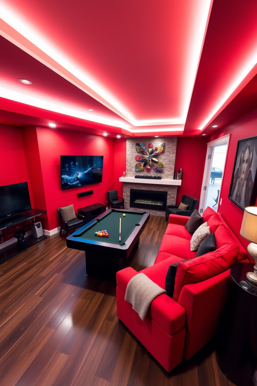 A vibrant game room designed for entertainment. The walls are painted in a bold red hue, complemented by a plush red sectional sofa and a sleek black pool table in the center. Bright LED lights illuminate the space, creating an energetic atmosphere. A large flat-screen TV is mounted on one wall, surrounded by gaming consoles and comfortable seating options. --- A stylish red basement designed for relaxation and fun. The floors are finished with dark wood, contrasting beautifully with the rich red walls. Cozy seating areas are arranged around a modern fireplace, providing warmth and ambiance. Decorative elements like wall art and unique lighting fixtures enhance the inviting atmosphere.