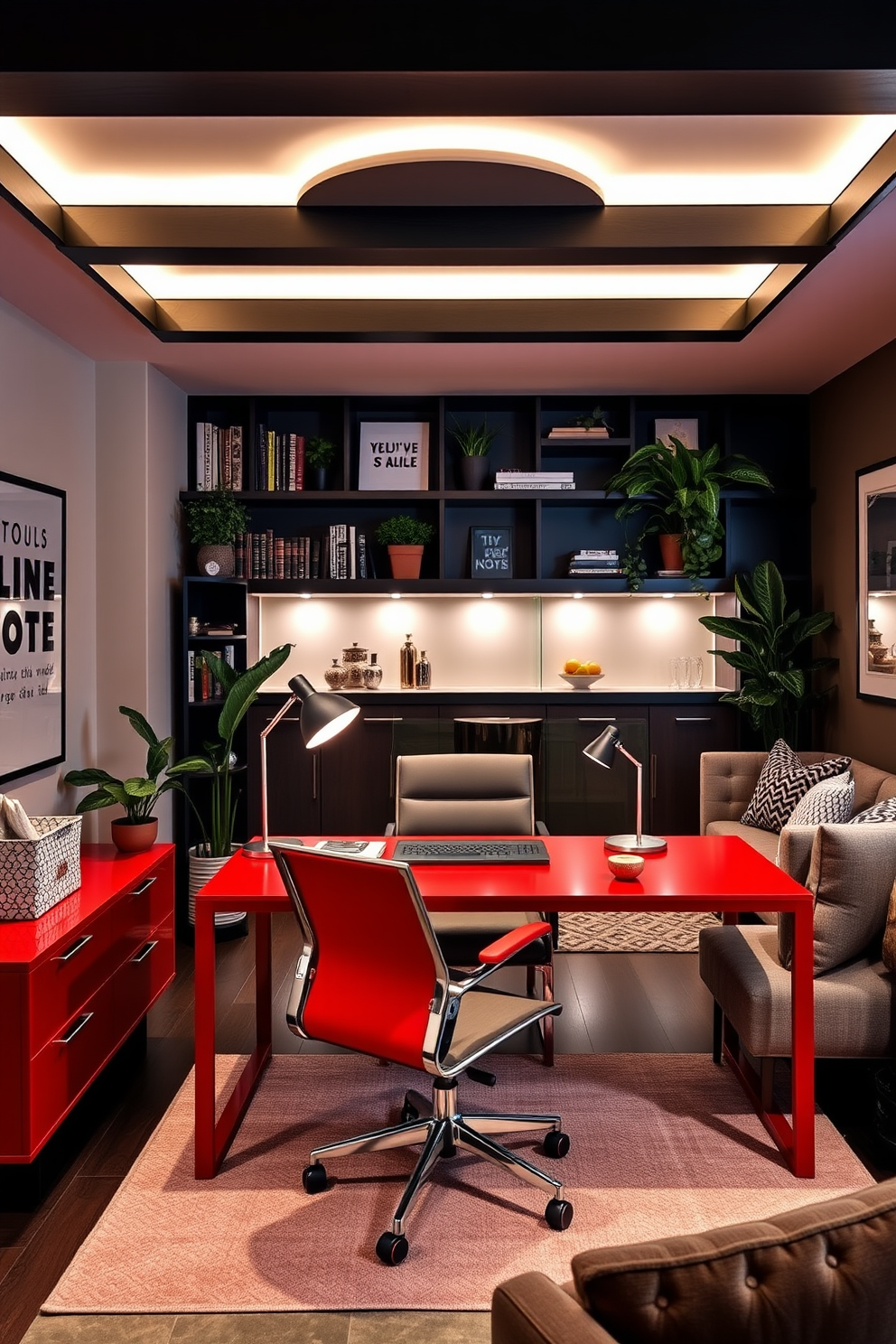 A vibrant red desk occupies the center of a stylish home office, designed to inspire creativity and productivity. The desk is paired with a sleek ergonomic chair, and the walls are adorned with motivational artwork and shelves filled with books and plants. The basement is transformed into a cozy retreat, featuring a modern lounge area with plush seating and a warm color palette. Soft lighting creates an inviting atmosphere, while a small bar area enhances the space for entertaining guests.