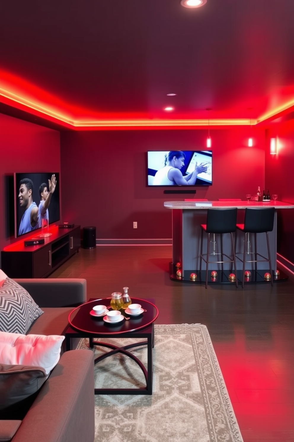 A stylish basement retreat featuring red accent lighting that creates a warm and inviting atmosphere. The space is furnished with plush seating and a sleek entertainment center, perfect for relaxation and entertainment. The walls are painted in a deep charcoal gray, enhancing the vibrant red lighting. A modern bar area with high stools complements the design, while a decorative rug adds texture and warmth to the floor.