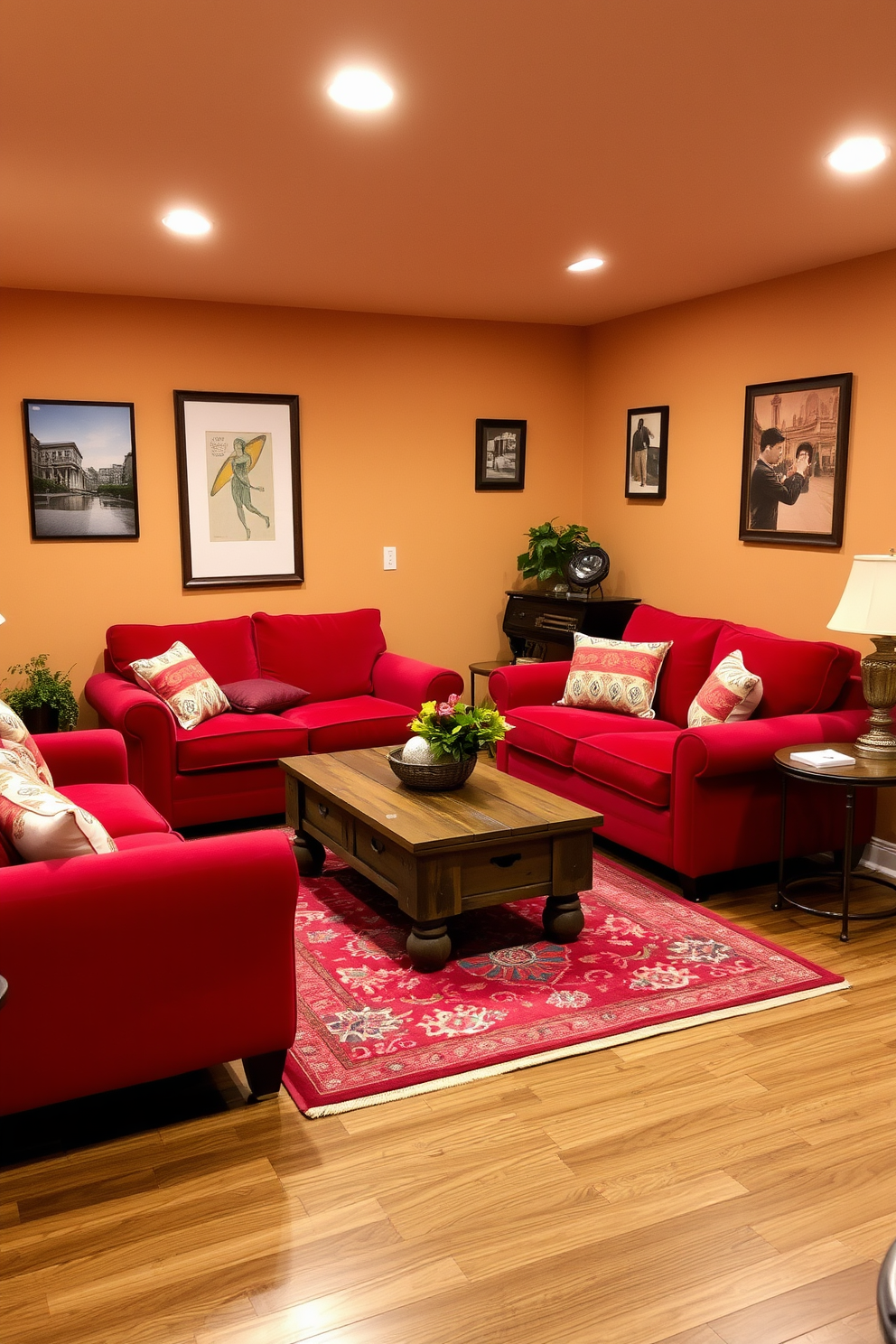 A cozy basement retreat featuring red vintage furniture that adds a touch of retro charm. The walls are painted in a warm beige tone, complementing the vibrant red upholstery and creating a welcoming atmosphere. The space includes a plush red sofa paired with a matching armchair, accented by colorful throw pillows. A rustic wooden coffee table sits in the center, surrounded by soft area rugs that enhance the inviting feel of the basement.