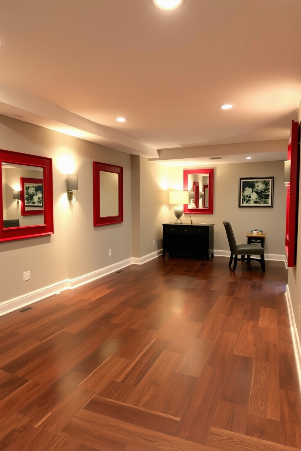 A spacious basement designed with modern elegance. The walls are painted in a soft gray tone, and the flooring features rich dark hardwood. Red framed mirrors are strategically placed to enhance the sense of openness. The lighting is warm and inviting, creating a cozy atmosphere throughout the space.