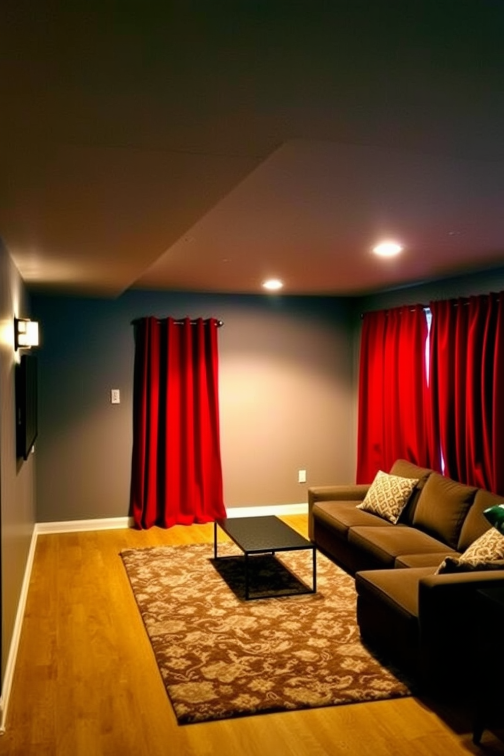 A cozy basement retreat featuring deep red curtains that add dramatic flair to the space. The walls are painted a warm gray, and the floor is adorned with a plush area rug that complements the rich hues of the curtains. In one corner, a comfortable sectional sofa invites relaxation, paired with a sleek coffee table. Ambient lighting fixtures create a welcoming atmosphere, perfect for entertaining or unwinding after a long day.