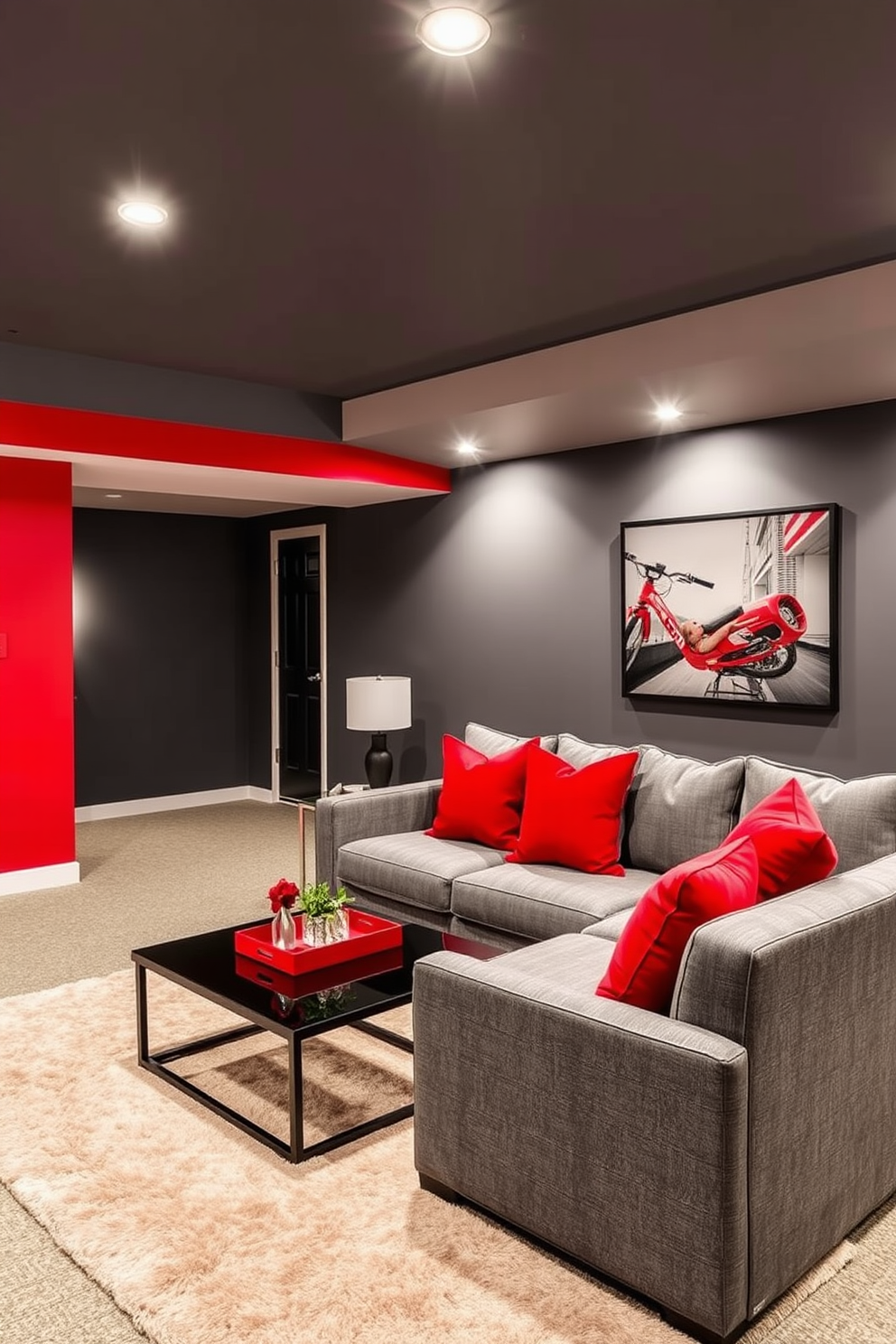 A contemporary basement retreat featuring a red and gray color scheme that balances warmth and sophistication. The walls are painted a deep gray while bold red accents are incorporated through furniture and decor elements. A spacious lounge area includes a plush gray sectional sofa adorned with red throw pillows. A sleek coffee table sits atop a soft area rug that complements the overall color palette, creating an inviting atmosphere for relaxation.