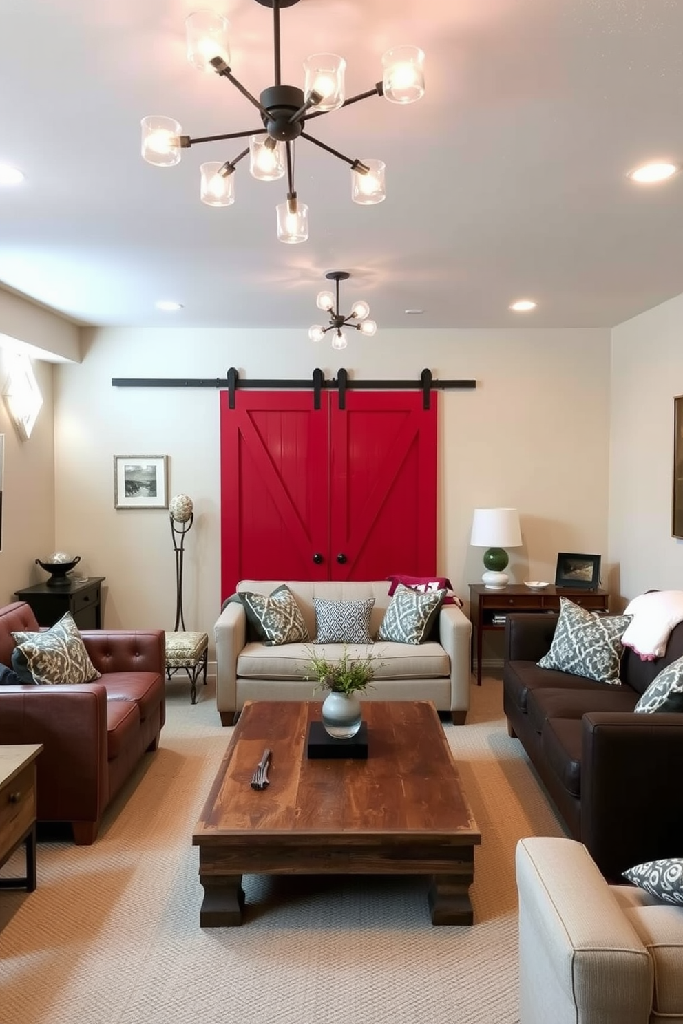 A rustic red barn door serves as a striking focal point in the basement, adding warmth and character to the space. The surrounding walls are painted in soft neutrals, creating a cozy atmosphere that complements the bold door. The basement features a mix of modern and vintage furnishings, with comfortable seating arranged around a reclaimed wood coffee table. Ambient lighting fixtures hang from the ceiling, casting a warm glow that enhances the inviting feel of the room.