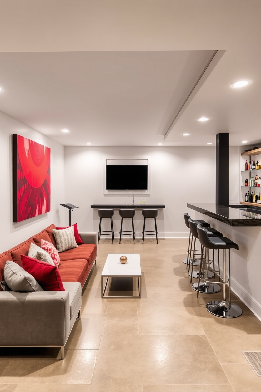 A vibrant red artwork piece dominates the wall, adding a bold splash of color to the otherwise neutral basement. The space features a cozy seating area with plush sofas and a sleek coffee table, creating an inviting atmosphere for relaxation. The basement is designed with modern elements, including a polished concrete floor and recessed lighting that highlights the artwork. A stylish bar area complements the design, equipped with contemporary stools and shelves displaying an array of drinks.