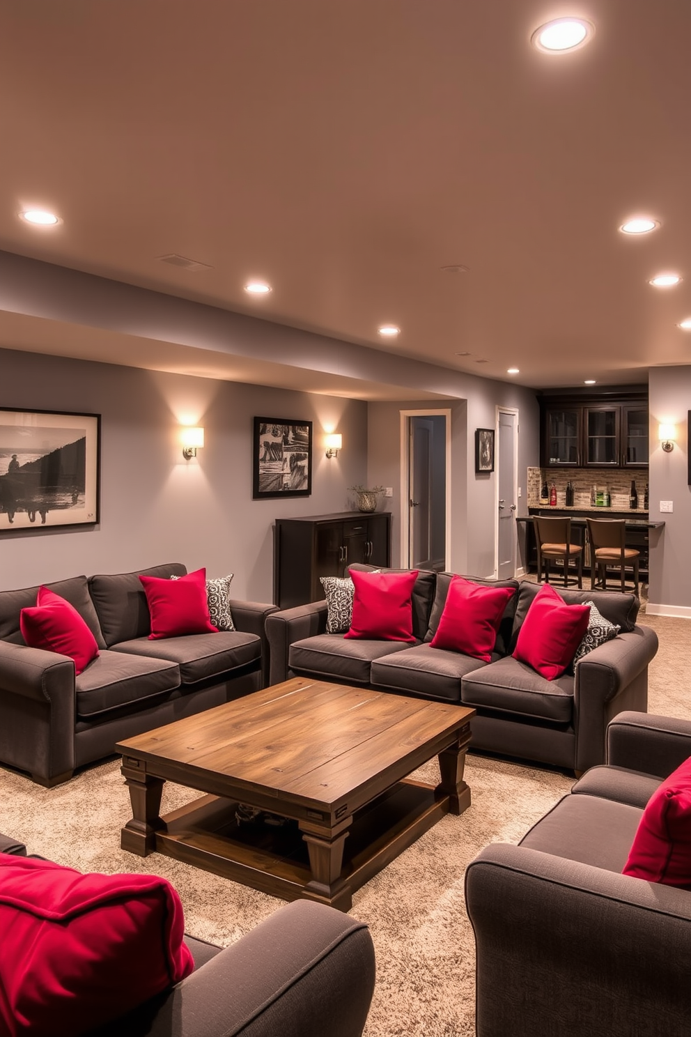 A cozy basement retreat featuring deep red throw pillows scattered across a plush sectional sofa. The walls are painted a soft gray, and warm lighting creates an inviting atmosphere for relaxation and entertainment. Incorporate a rustic wooden coffee table at the center, surrounded by comfortable seating arrangements. A stylish bar area with high stools and a mini fridge adds functionality to the space while maintaining a chic aesthetic.