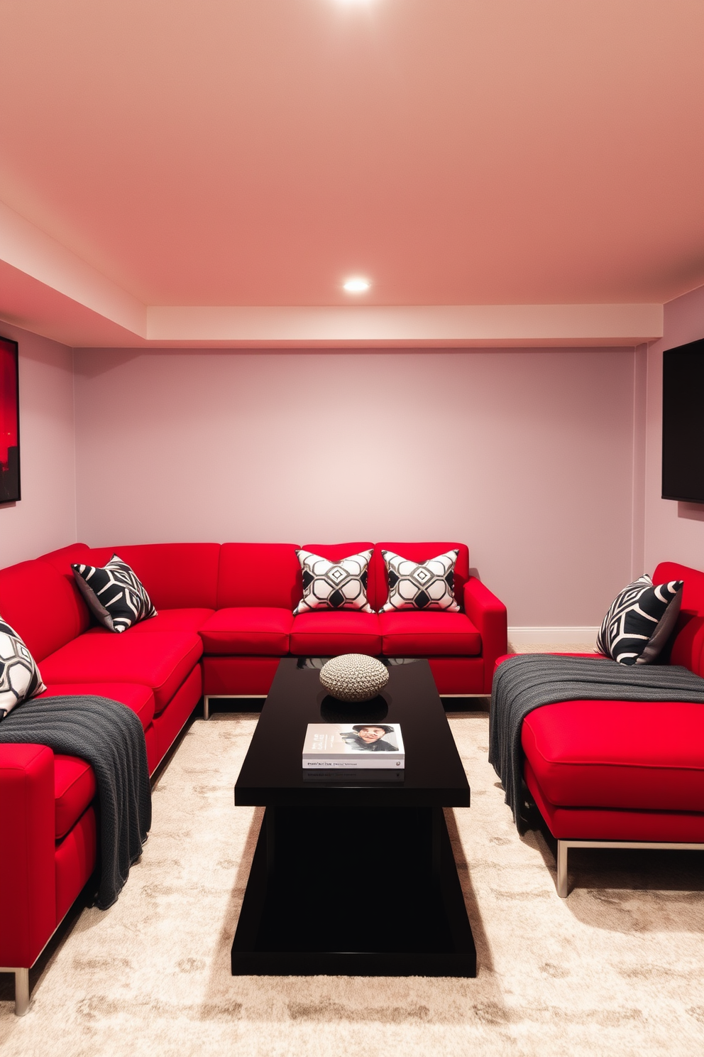 A striking red and black modern furniture arrangement fills the basement space. The sleek lines of the furniture create a bold contrast against the soft, neutral walls. The basement features a cozy seating area with a red sectional sofa and a black coffee table. Accent pillows in geometric patterns add a touch of contemporary flair to the design.