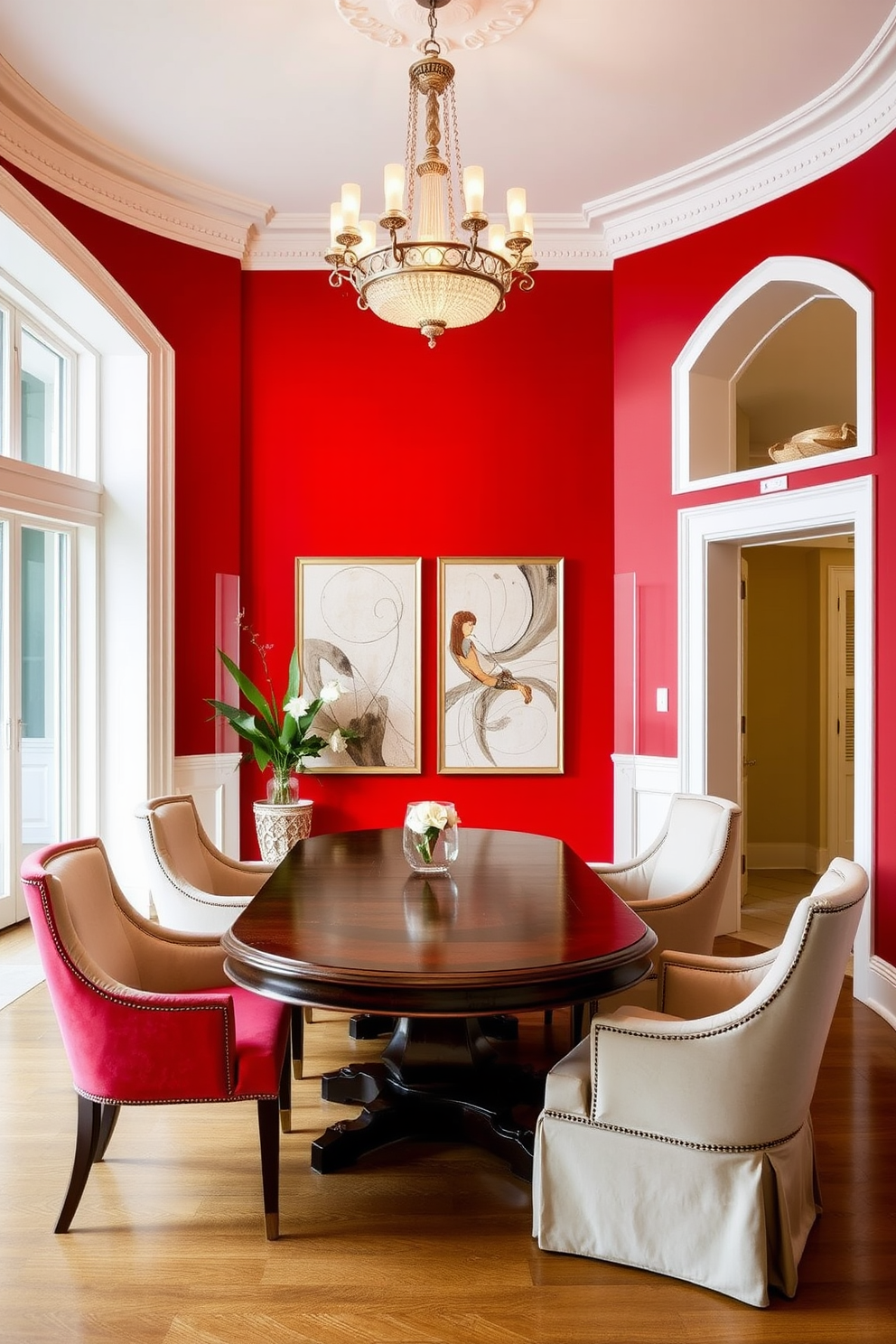 A bold red accent wall serves as the focal point of the dining room, contrasting beautifully with the crisp white trim. A large wooden dining table is centered in the room, surrounded by elegant upholstered chairs that complement the vibrant color scheme. A stunning chandelier hangs above the table, casting a warm glow over the space. Decorative wall art featuring abstract designs adds visual interest and ties the room together, enhancing the overall luxurious feel.