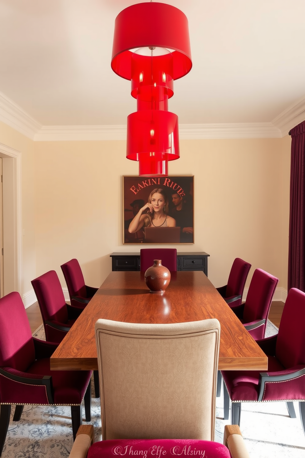 Artistic red light fixture as focal point. The dining room features a large wooden table surrounded by elegant upholstered chairs in deep burgundy. The walls are painted a soft cream color to enhance the warmth of the space. A striking red light fixture hangs above the table, casting a warm glow over the room.