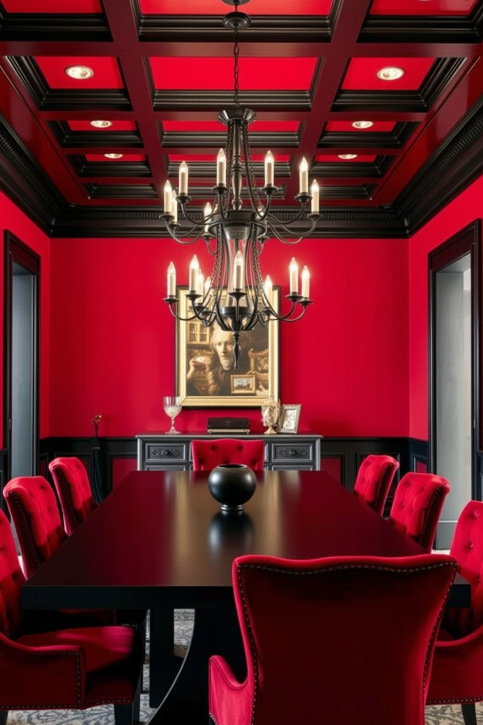 A sophisticated dining room featuring a striking red and black color palette. The walls are painted in a deep red hue, while the ceiling showcases elegant black moldings. A sleek black dining table is surrounded by plush red upholstered chairs, creating a bold contrast. A dramatic chandelier with black accents hangs above the table, illuminating the space with a warm glow.