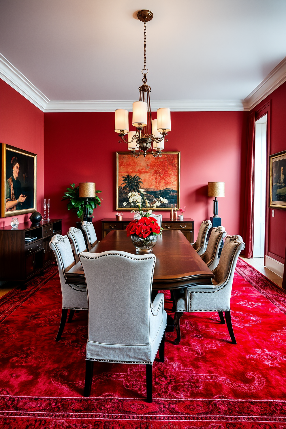 A vibrant dining room featuring layered red rugs that add depth and texture to the space. The room is adorned with a large wooden dining table surrounded by elegant upholstered chairs in a complementary color. Soft lighting fixtures hang above the table, creating a warm and inviting atmosphere. The walls are painted in a rich neutral tone, enhancing the boldness of the red rugs while artwork adorns the walls, adding character to the design.