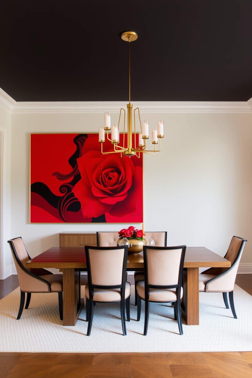 A striking dining room featuring bold red artwork that enhances the overall decor. The walls are painted in a soft neutral tone to allow the vibrant art to stand out. A large wooden dining table takes center stage, surrounded by elegant upholstered chairs in a complementary shade. A contemporary chandelier hangs above, casting a warm glow over the dining space.