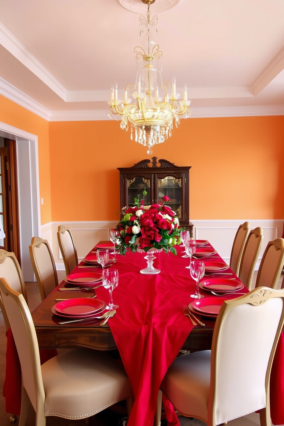 A vibrant dining room setting featuring a bold red tablecloth draped elegantly over a long wooden table. The table is adorned with matching red plates, sparkling crystal glassware, and intricate gold cutlery, creating a festive atmosphere. The walls are painted in a warm cream color, providing a striking contrast to the red accents. A stunning chandelier hangs above the table, casting a soft glow on the beautifully arranged floral centerpiece.