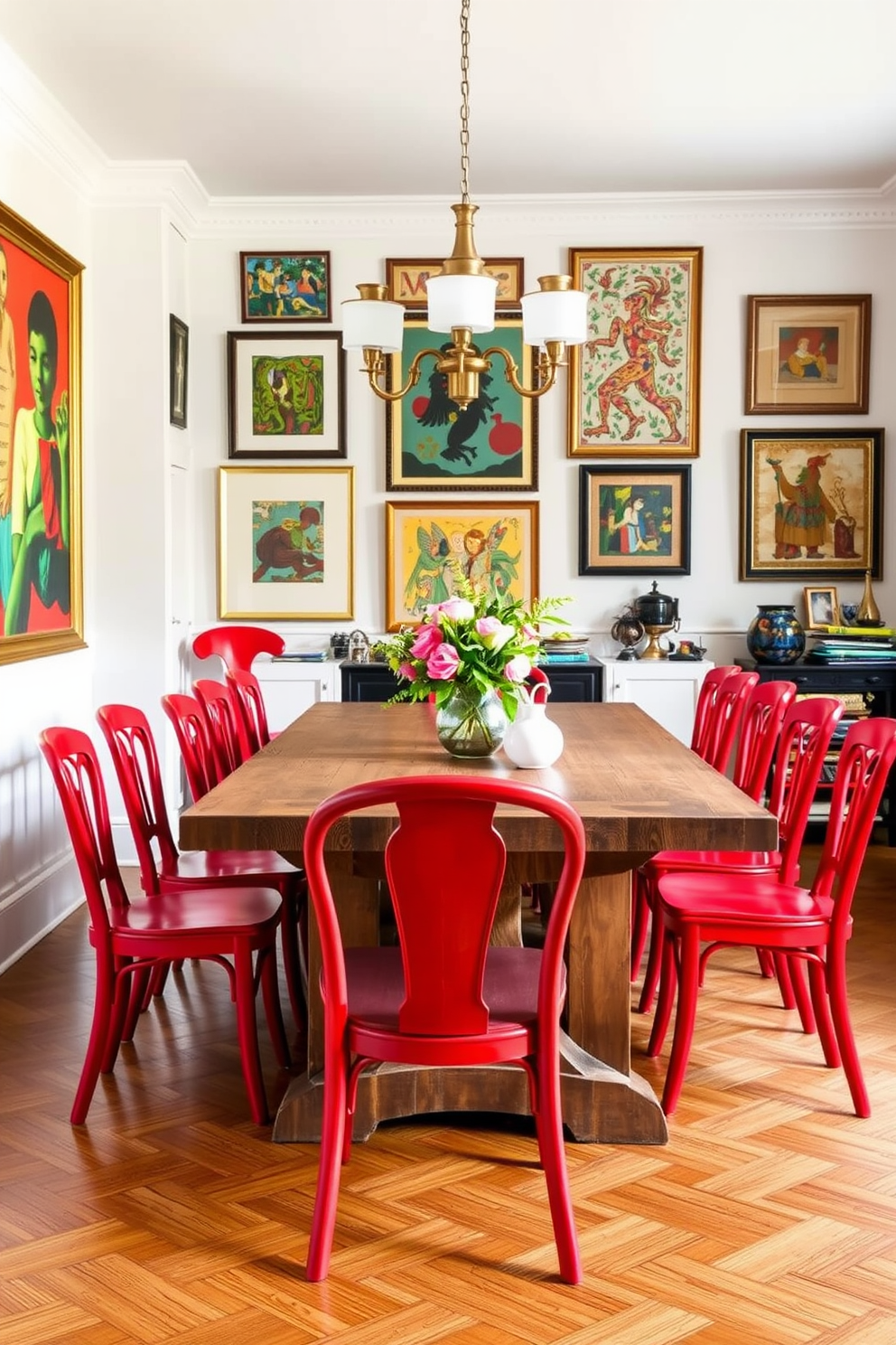 An eclectic dining room features a striking mix of red dining chairs that add vibrancy to the space. The walls are adorned with colorful artwork, and a rustic wooden dining table serves as the centerpiece, surrounded by the diverse seating options.