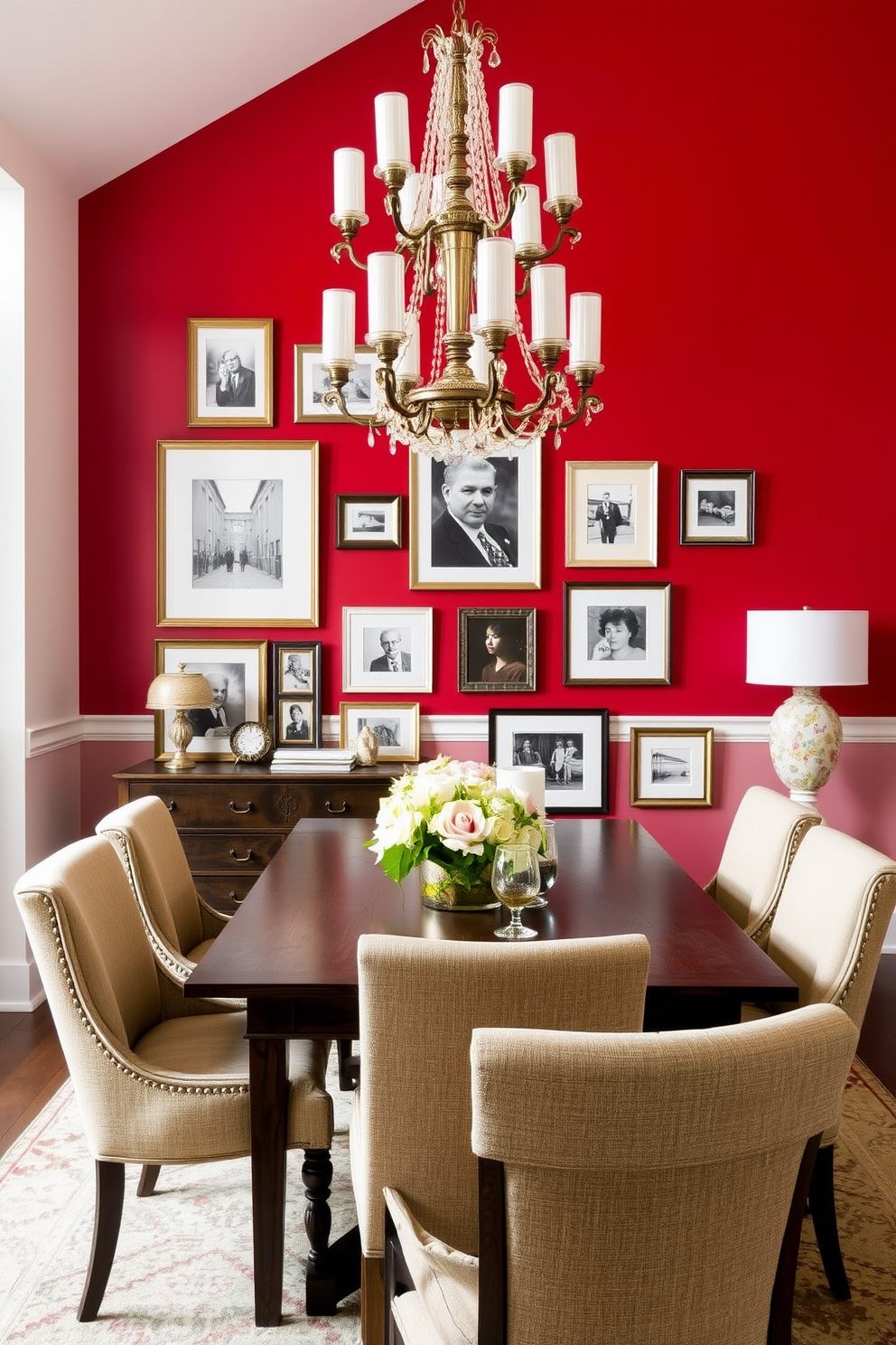 A striking red feature wall serves as the backdrop for an elegant dining room. The wall is adorned with carefully arranged framed art pieces that add personality and sophistication to the space. The dining table is a rich dark wood, complemented by plush upholstered chairs in a neutral tone. A statement chandelier hangs above, illuminating the room and enhancing the warm ambiance.