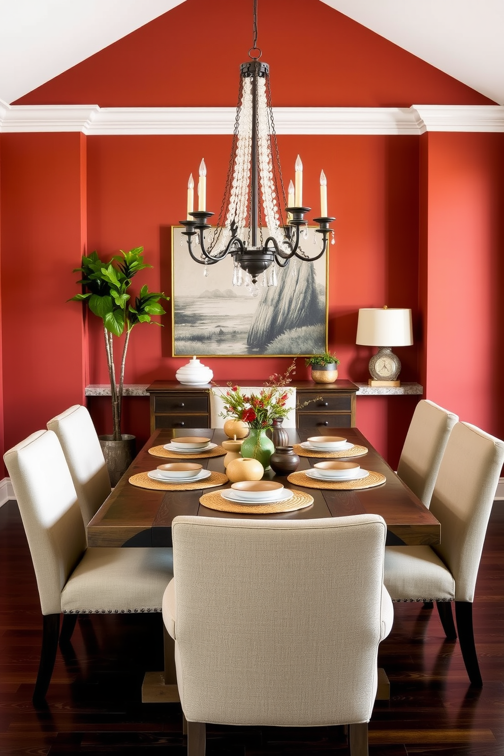 A warm terra cotta red dining room exudes a cozy ambiance perfect for intimate gatherings. The walls are painted in a rich terra cotta hue, complemented by a rustic wooden dining table surrounded by upholstered chairs in neutral tones. A statement chandelier hangs above the table, adding elegance to the space. To enhance the warmth, decorative elements like woven placemats and ceramic dishes in earthy colors are placed on the table, while soft lighting creates an inviting atmosphere.