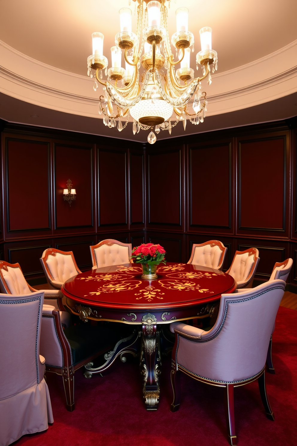 An elegant cherry red table with intricate gold accents serves as the centerpiece of the dining room. Surrounding the table are plush upholstered chairs in a complementary shade, creating a warm and inviting atmosphere. The walls are adorned with rich, deep colors that enhance the luxurious feel of the space. Soft lighting from a grand chandelier above casts a gentle glow, highlighting the table's exquisite details and inviting guests to gather for a memorable dining experience.