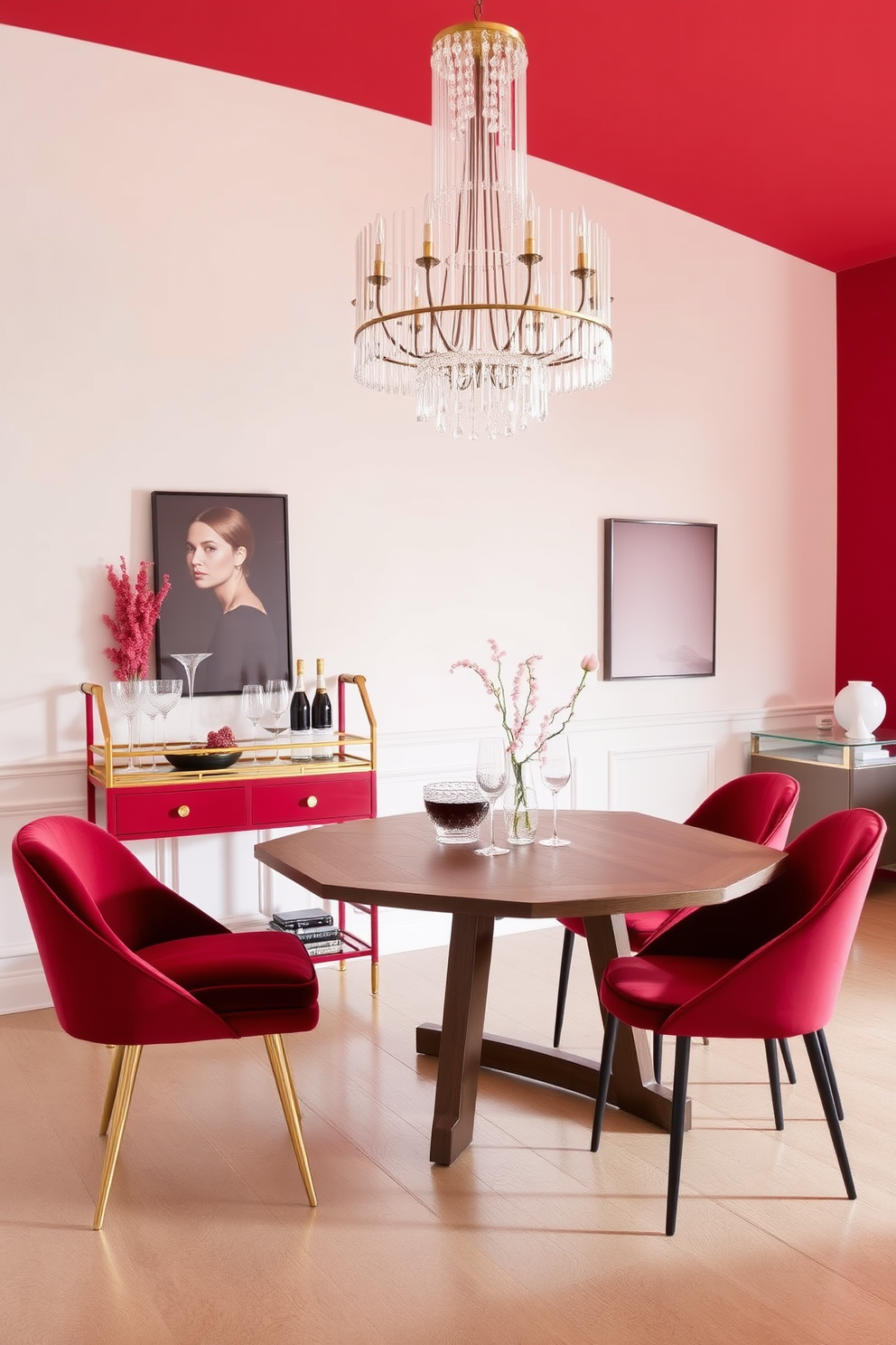 A chic red bar cart is elegantly positioned against a backdrop of soft white walls, adorned with stylish glassware and a few decorative bottles. The cart features gold accents and is complemented by a plush velvet bar stool in coordinating red, creating an inviting atmosphere for entertaining guests. The dining room showcases a bold red color scheme with a contemporary wooden dining table at its center. Surrounding the table are sleek modern chairs upholstered in rich fabric, while a statement chandelier hangs above, casting a warm glow over the space.