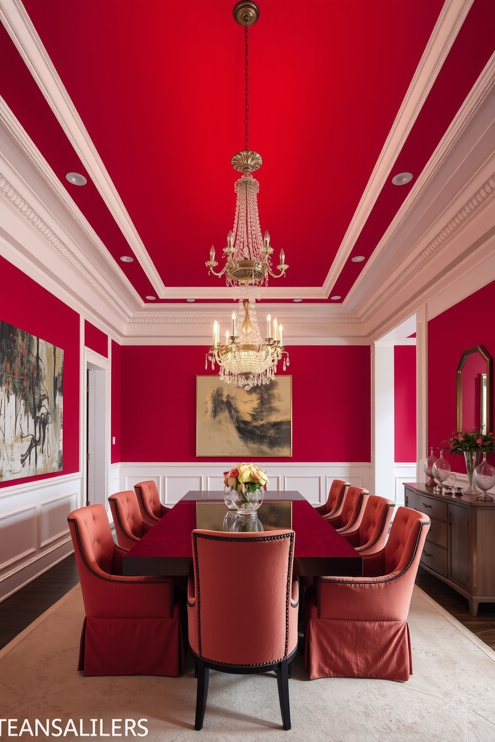 A striking dining room featuring a bold red ceiling that draws the eye upward. The walls are adorned with elegant white wainscoting, and a large rectangular dining table sits at the center, surrounded by plush upholstered chairs in a complementary color. A stunning chandelier hangs from the ceiling, casting a warm glow over the space. On one wall, a large piece of abstract art adds a touch of sophistication, while a sideboard against the opposite wall showcases decorative tableware and a vase of fresh flowers.