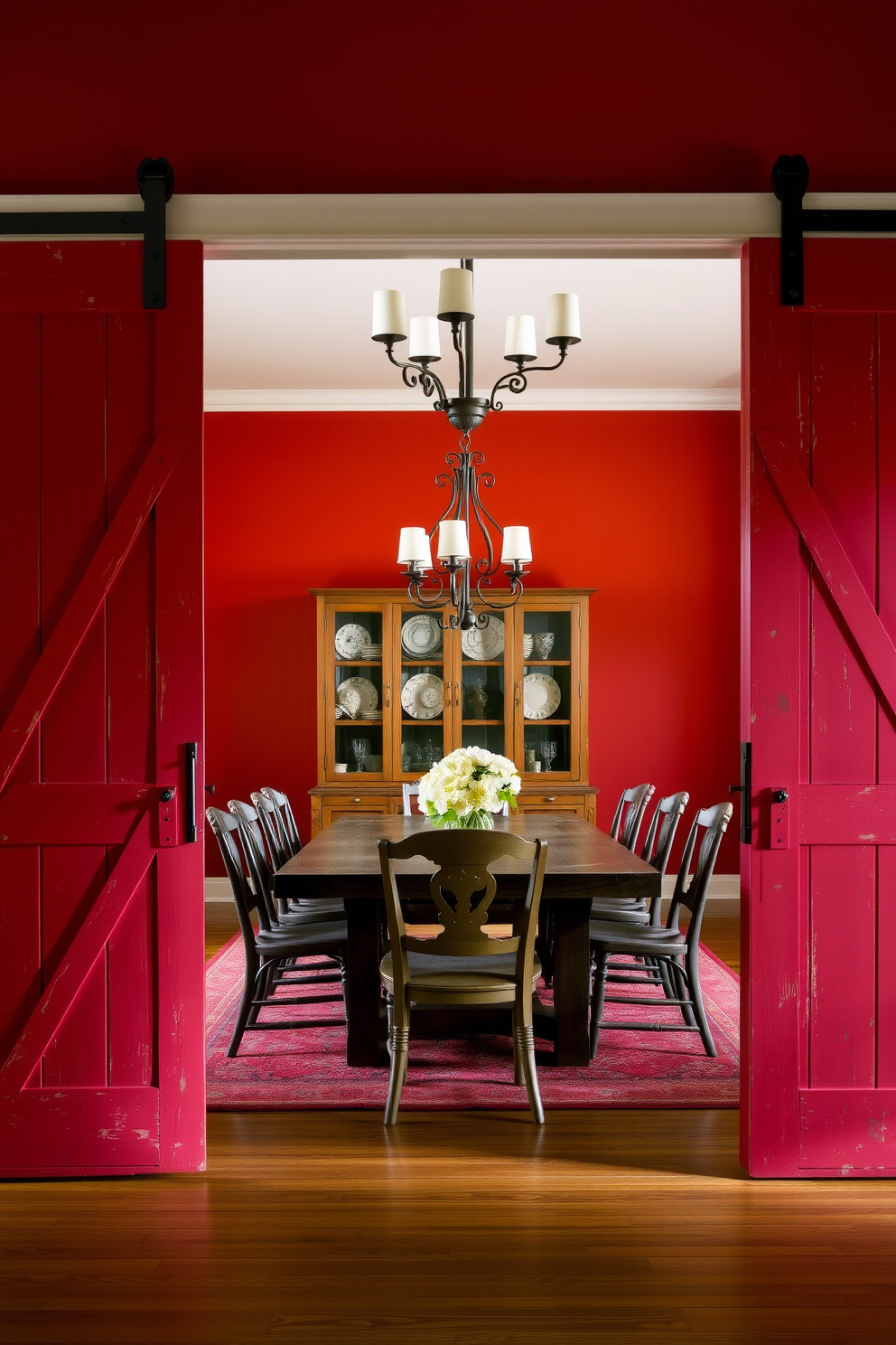 Rustic red barn doors create a warm and inviting entryway. The doors feature distressed wood with wrought iron accents, adding charm and character to the space. The dining room showcases a rich red color palette, with a large farmhouse table at its center. Surrounding the table are mismatched vintage chairs, complemented by soft lighting from a wrought iron chandelier above.