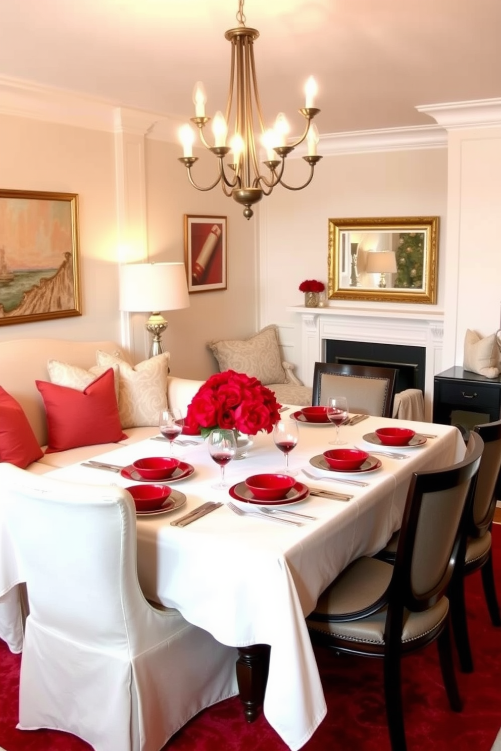 A cozy dining room featuring neutral furniture that creates a warm and inviting atmosphere. Soft red accents are incorporated through decorative pillows, artwork, and a vibrant table centerpiece, enhancing the overall aesthetic. The dining table is elegantly set with a white tablecloth and red dinnerware, complemented by stylish dining chairs. A statement chandelier hangs above the table, casting a warm glow over the space and highlighting the rich red tones.