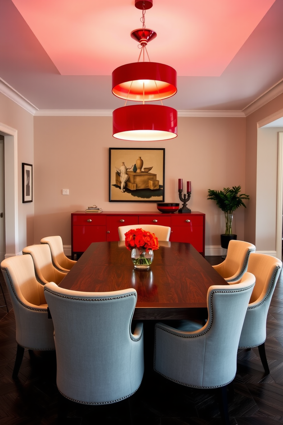 A striking dining room featuring a large wooden table surrounded by elegant upholstered chairs. Above the table, two bold red pendant lights hang, casting a warm glow over the space. The walls are painted in a soft neutral tone, creating a perfect backdrop for the vibrant red accents. A stylish sideboard in a matching red hue complements the overall design, enhancing the room's cohesive look.