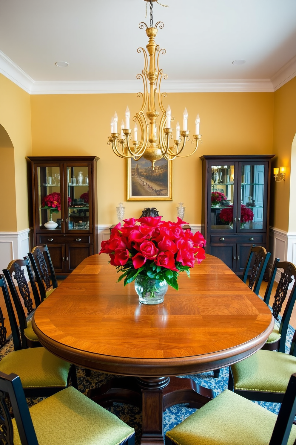 A vibrant dining room featuring a large wooden table at the center adorned with bright red flower arrangements as stunning centerpieces. The walls are painted in a warm cream tone, and the room is illuminated by an elegant chandelier that adds a touch of sophistication.