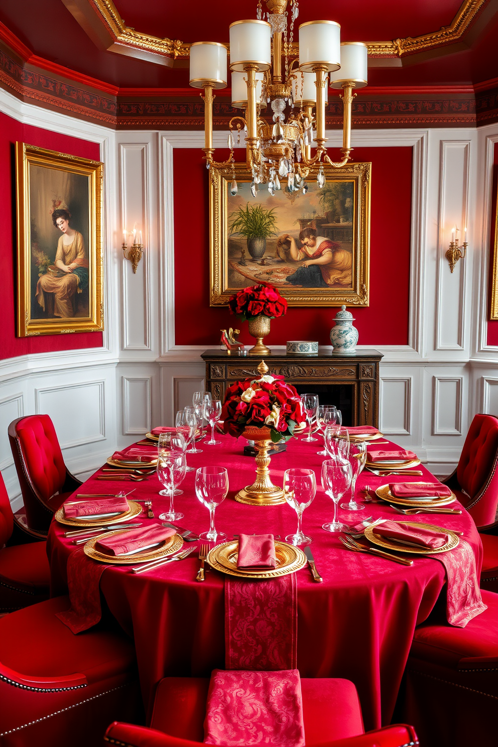 A luxurious dining room setting featuring a rich red color palette. The table is elegantly set with intricate gold tableware, including plates, cutlery, and glassware, creating a striking contrast against the deep red tablecloth. The walls are adorned with tasteful artwork that complements the red and gold theme. Plush red chairs surround the table, inviting guests to enjoy a sophisticated dining experience.